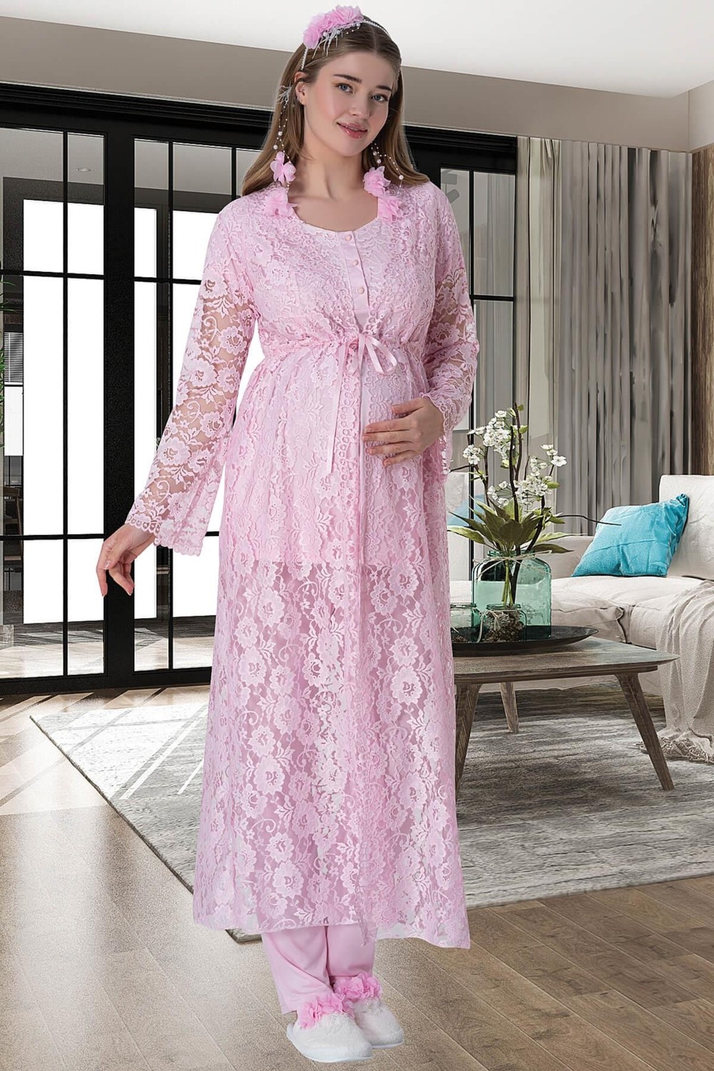 Mecit Pijama Mecit 6060 Pembe Dantel Sabahlıklı Gecelik Pijama Lohusa Set görsel 2