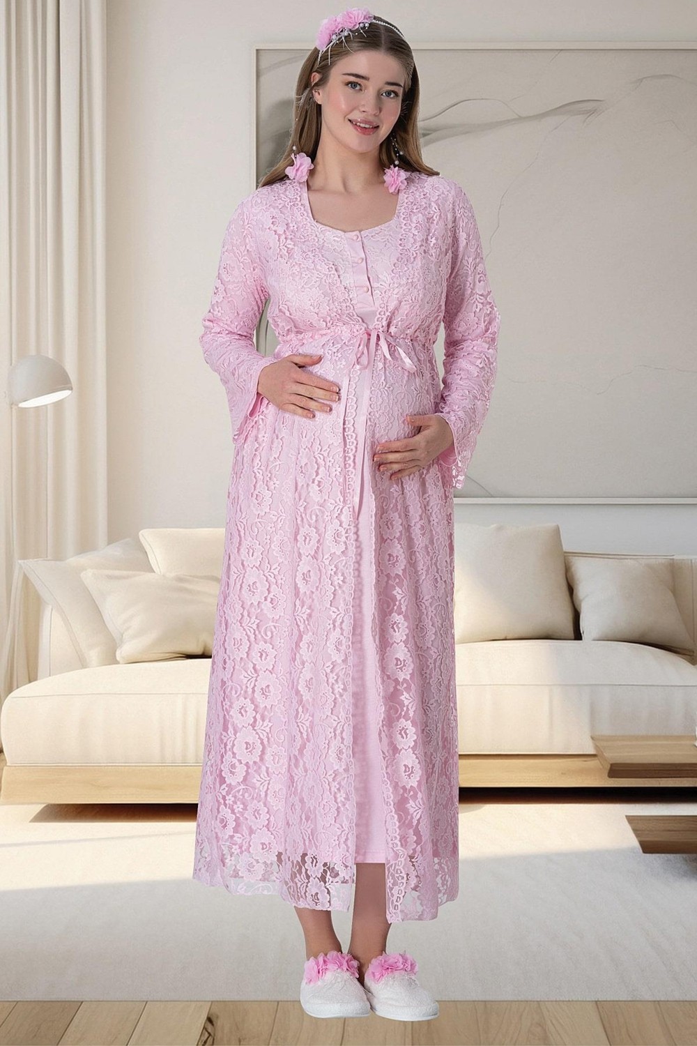 Mecit Pijama Mecit 6060 Pembe Dantel Sabahlıklı Gecelik Pijama Lohusa Set görsel 3