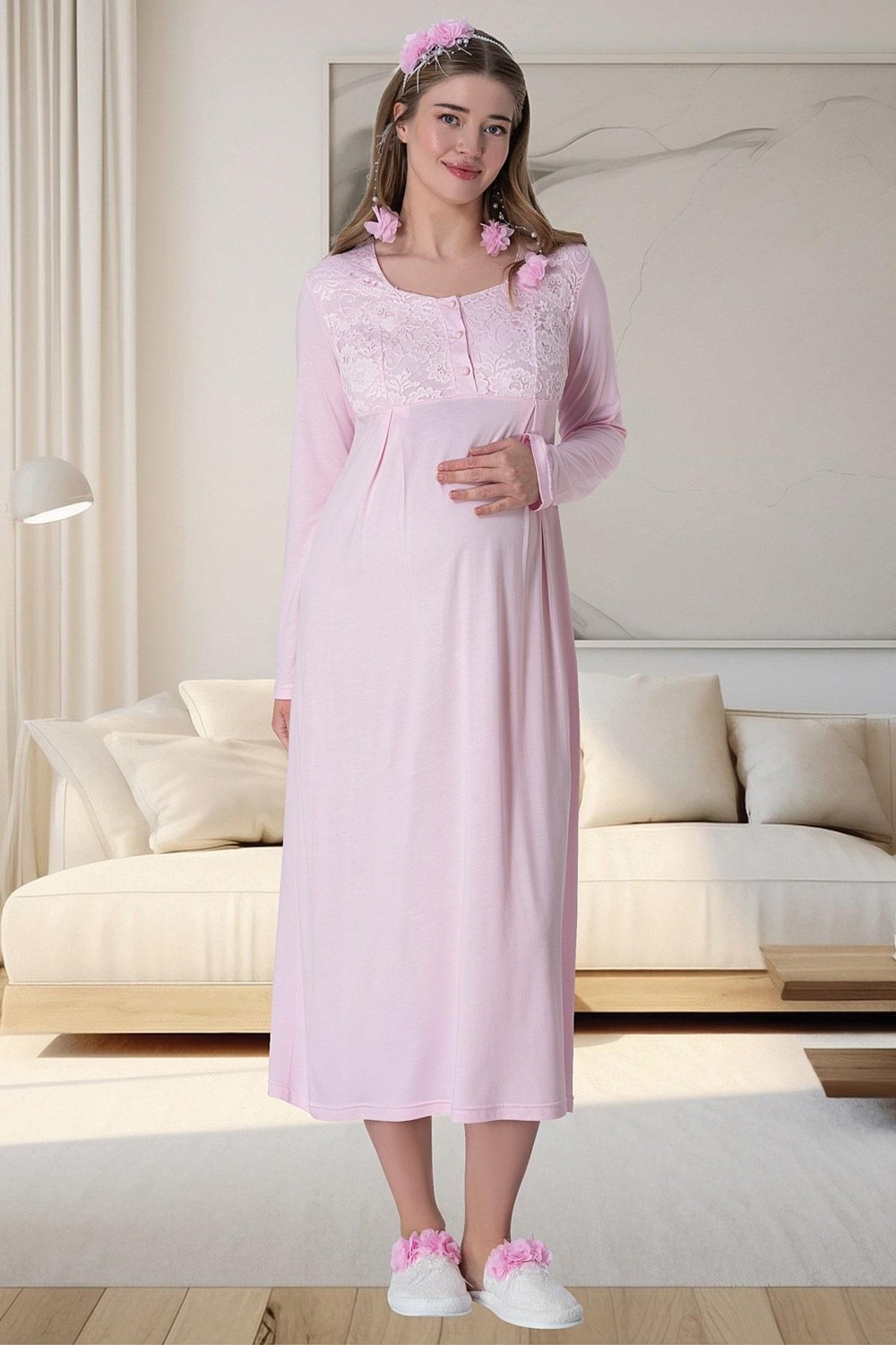 Mecit Pijama Mecit 6060 Pembe Dantel Sabahlıklı Gecelik Pijama Lohusa Set görsel 4
