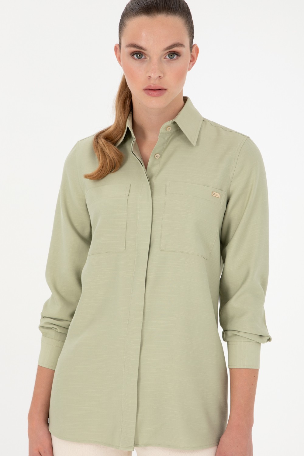 U.S. Polo Assn. Kadın Açık Haki Uzun Kollu Tunik Gömlek 50293568-VR183 görsel 3
