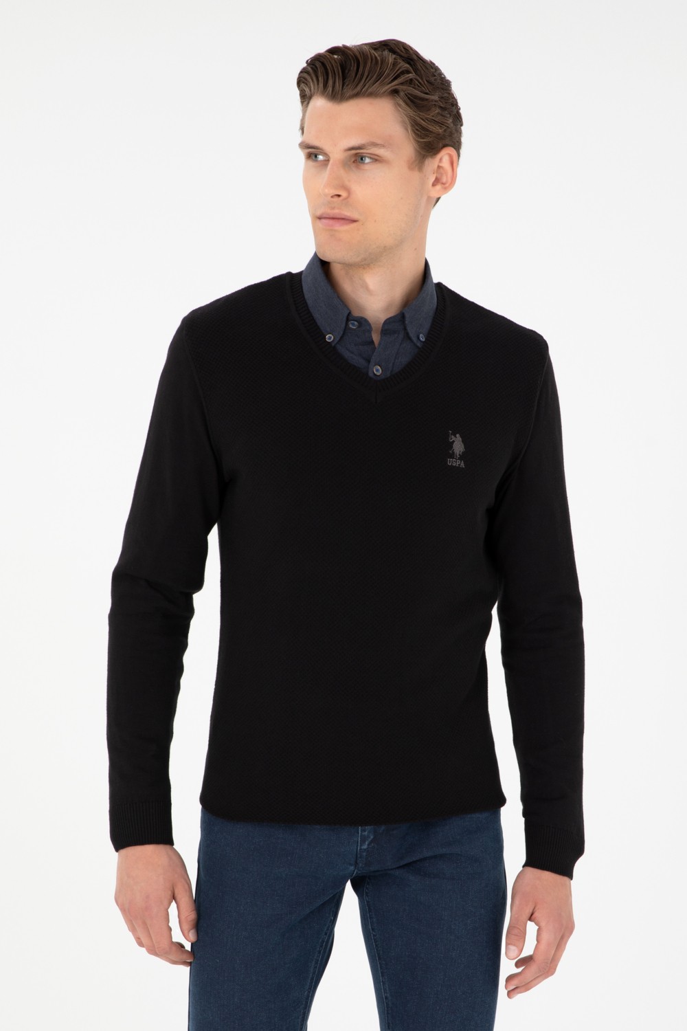 U.S. Polo Assn. Erkek Slim Fit V Yaka Antrasit Melanj Basic Kazak 50288886-VR081