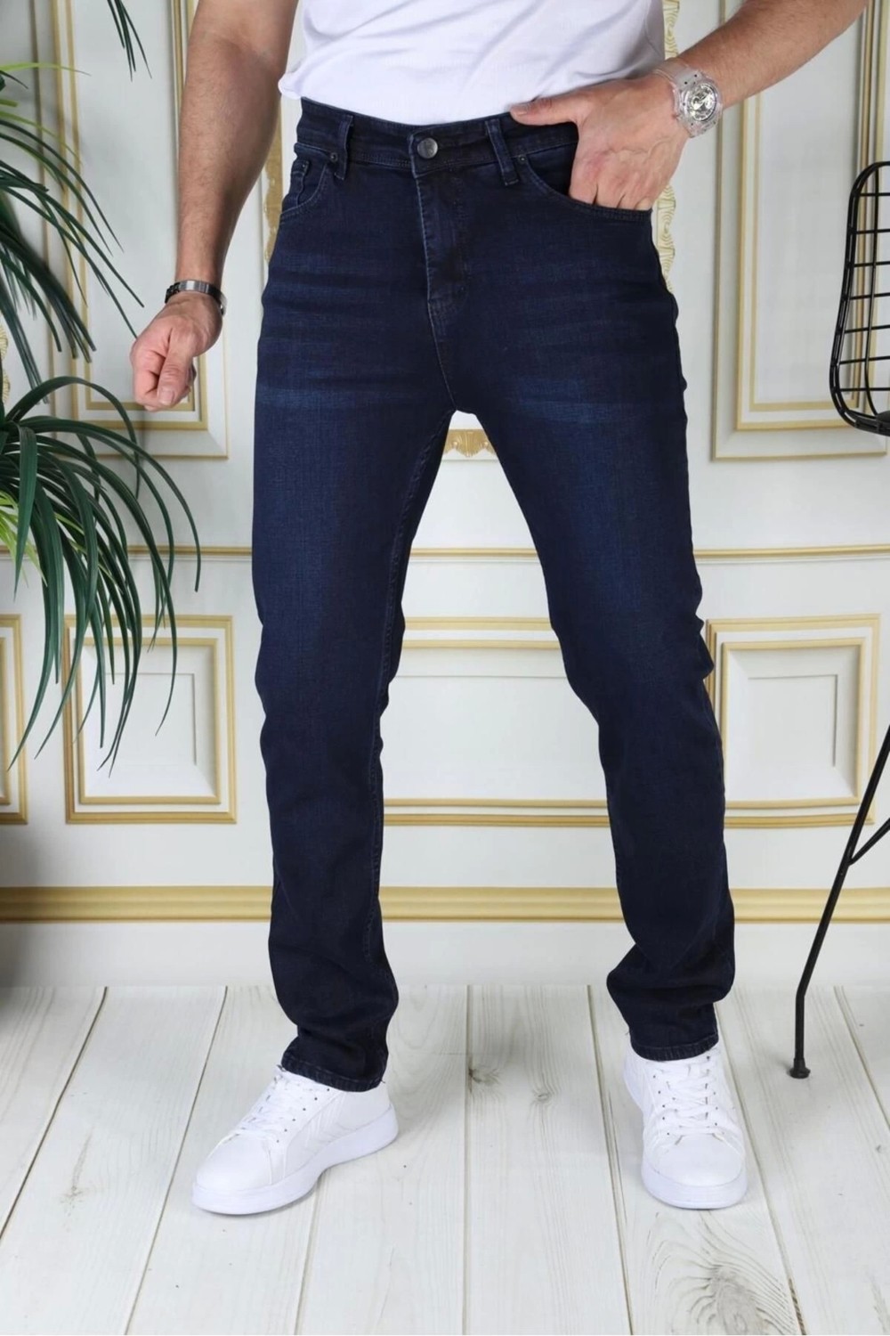 PHANTOM JEANS Erkek Koyu Mavi Renk Regular Fit Rahat Kesim Esnek Likralı Denim Jeans Şık Kot Pantolon
