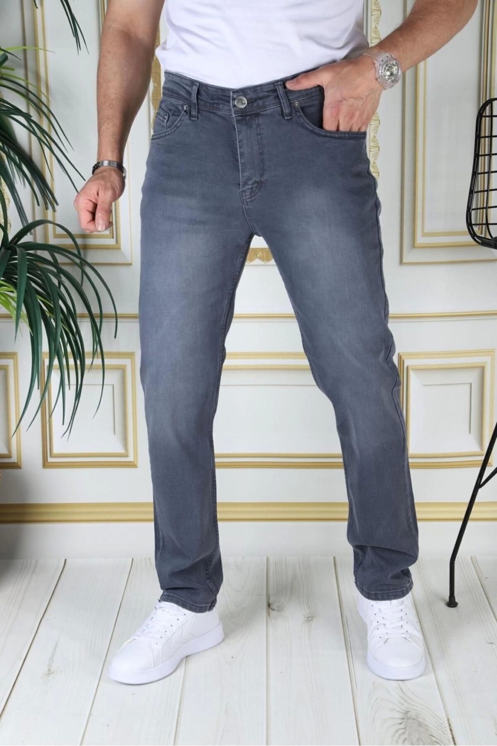 PHANTOM JEANS Erkek Gri Regular Fit Rahat Kesim Esnek Likralı Denim Jeans Şık Kot Pantolon