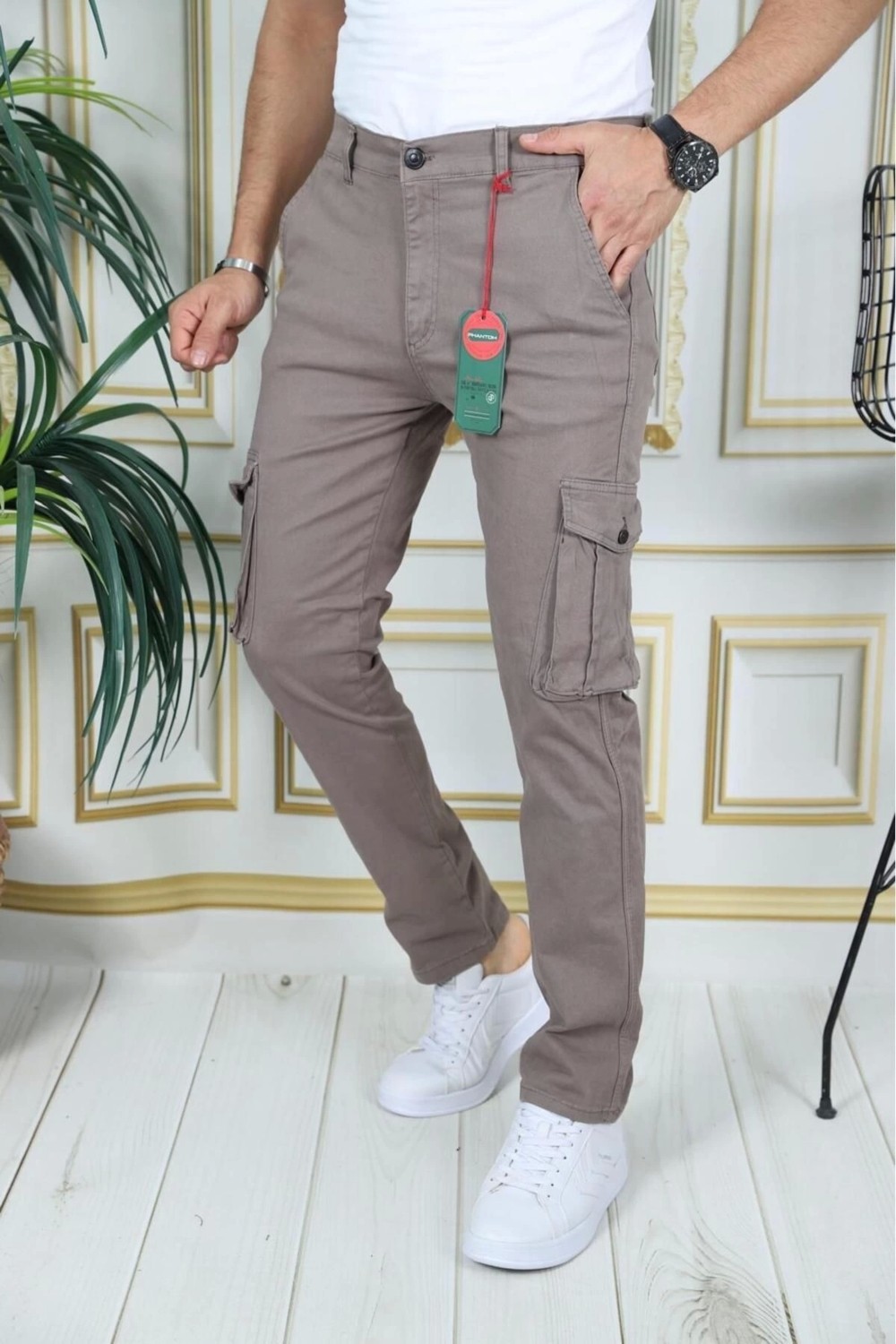 PHANTOM JEANS Erkek Füme Likralı Kargo Pantolon Esnek Gabardin/kanvas Körüklü Cep Komando Kargo Cep Şık Pantolon görsel 2