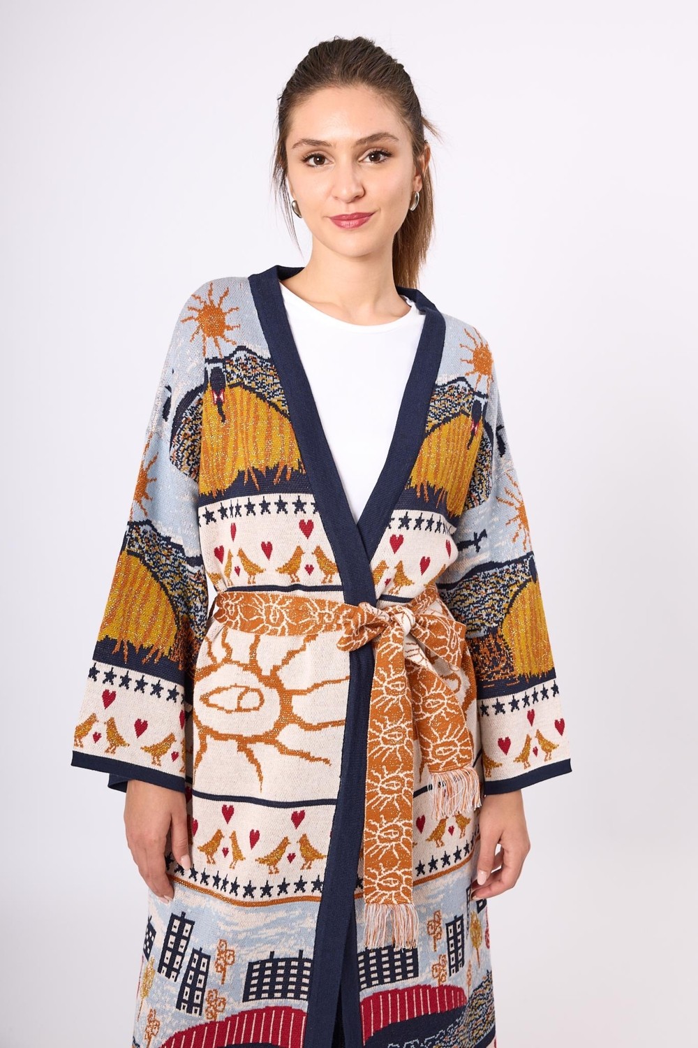 Peraluna Sweet Memories Jakarlı Kadın Uzun Triko Kimono - Lacivert Multi görsel 3