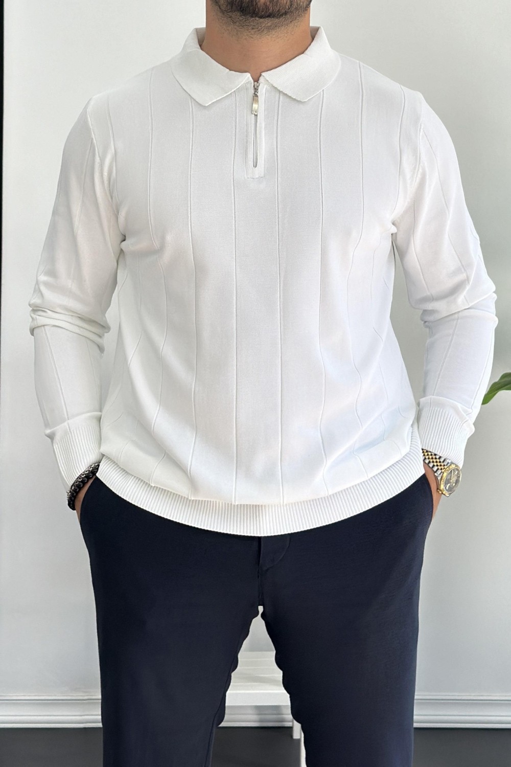 Edwox EDW195 Lacivert Erkek Yarım Fermuarlı Polo Yaka Mevsimlik Kazak Klasik Stil Uzun Kol