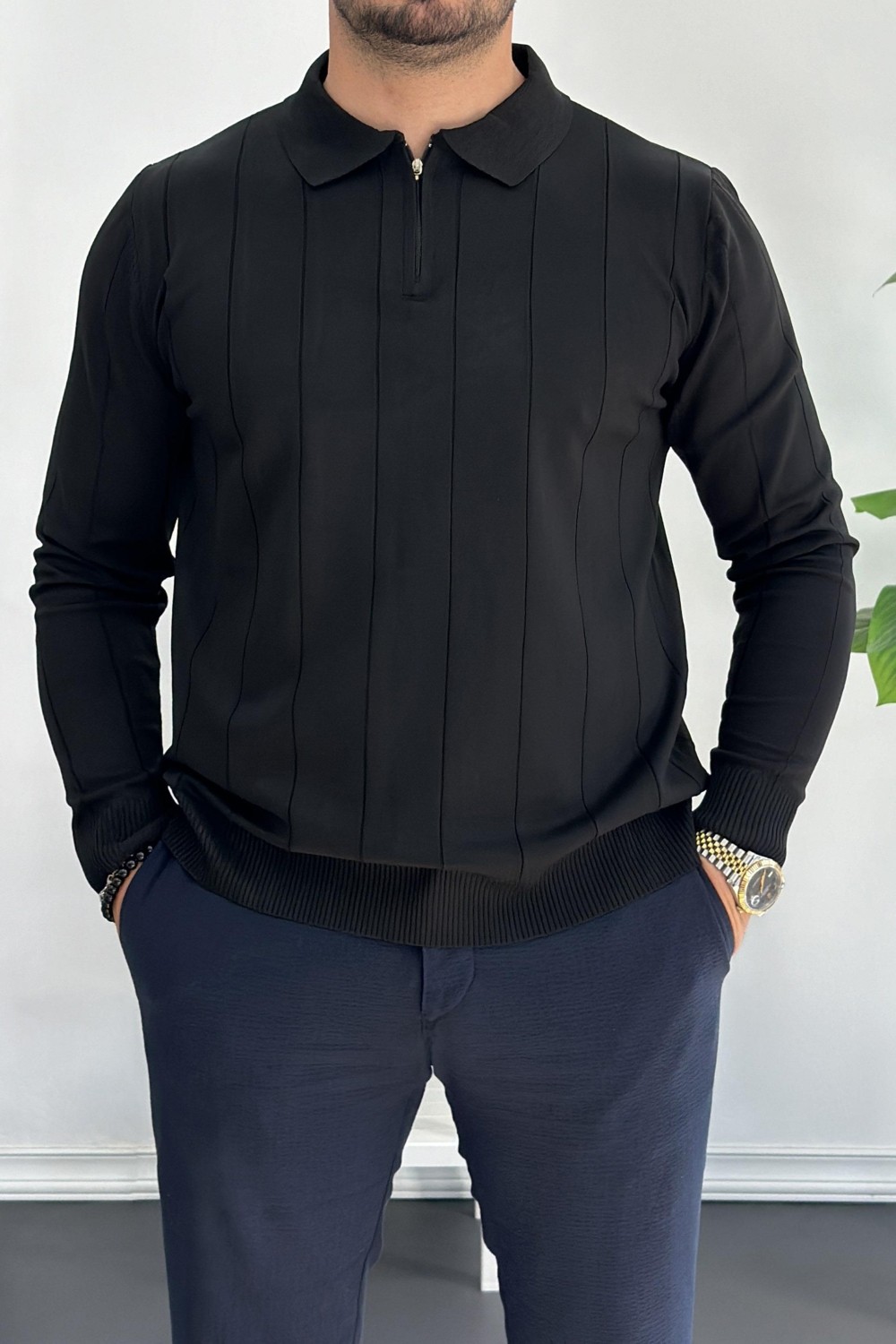 Edwox EDW195 Lacivert Erkek Yarım Fermuarlı Polo Yaka Mevsimlik Kazak Klasik Stil Uzun Kol