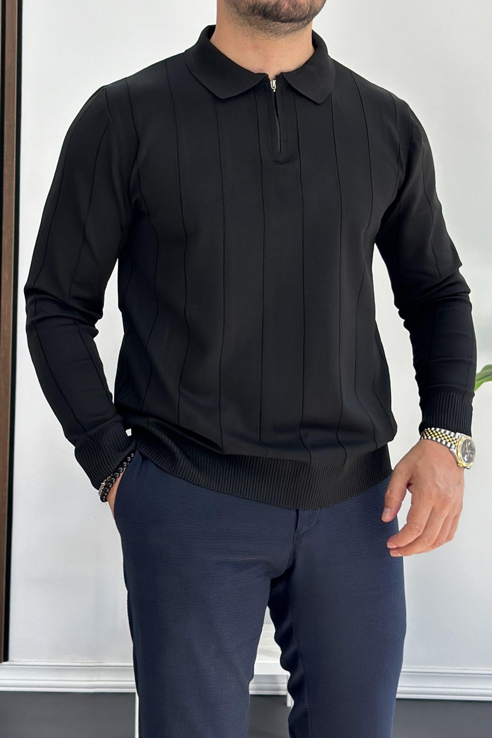 Edwox EDW195 Lacivert Erkek Yarım Fermuarlı Polo Yaka Mevsimlik Kazak Klasik Stil Uzun Kol görsel 2