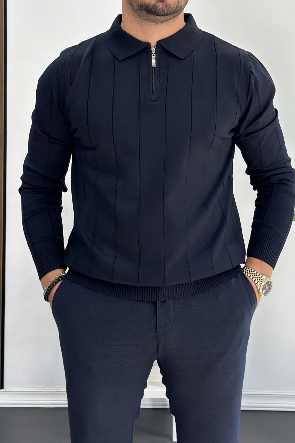 Edwox EDW195 Lacivert Erkek Yarım Fermuarlı Polo Yaka Mevsimlik Kazak Klasik Stil Uzun Kol görsel 5