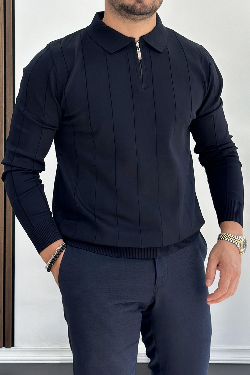 Edwox EDW195 Lacivert Erkek Yarım Fermuarlı Polo Yaka Mevsimlik Kazak Klasik Stil Uzun Kol görsel 6