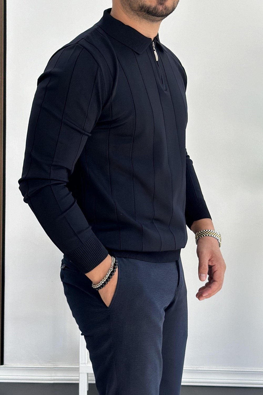 Edwox EDW195 Lacivert Erkek Yarım Fermuarlı Polo Yaka Mevsimlik Kazak Klasik Stil Uzun Kol görsel 7