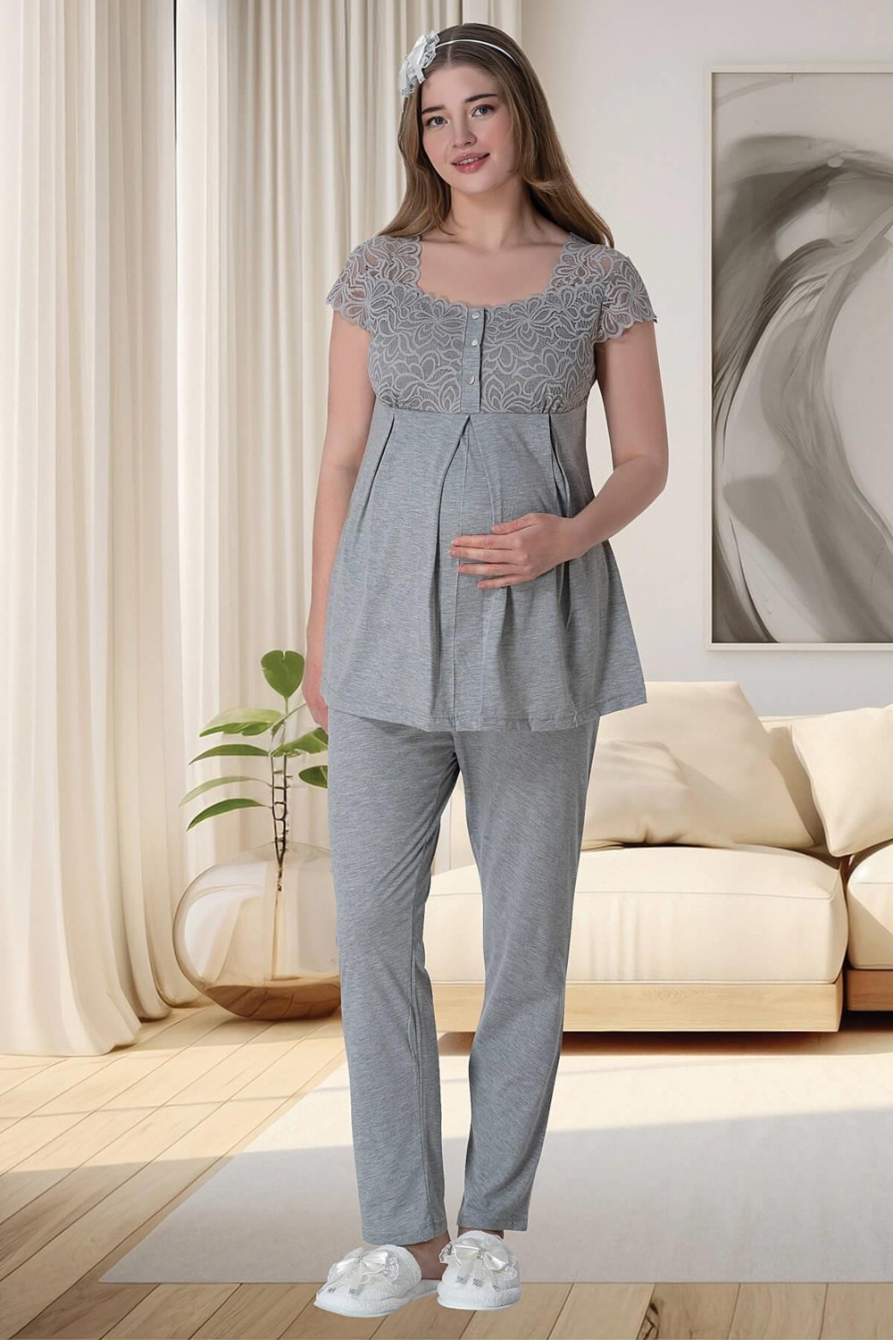 Mecit Pijama Mecit 6056 Gri Hamile Lohusa Pijama Takımı