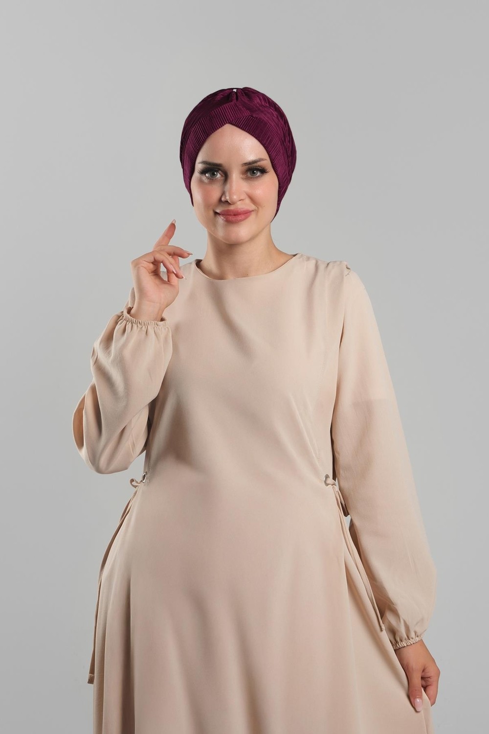 Hürrem Bone Şarabi Pratik Hazır Geçmeli Tesettür Bone Fukuro Piliseli Tek Çapraz Büzgülü 1824_08