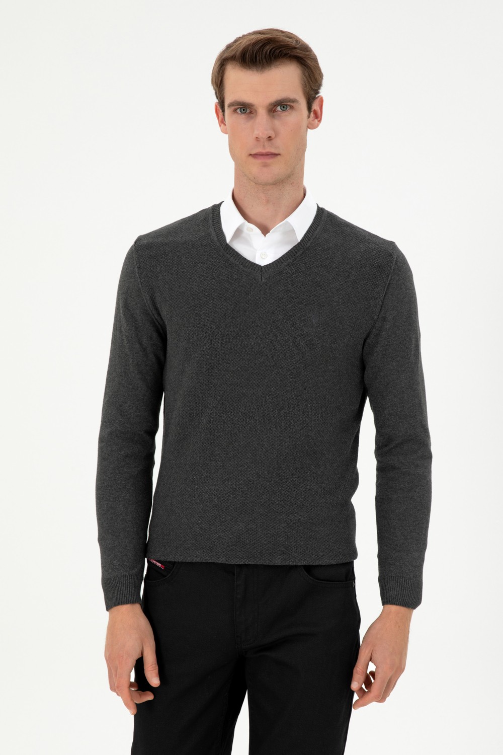 U.S. Polo Assn. Erkek Slim Fit V Yaka Antrasit Melanj Basic Kazak 50288886-VR081