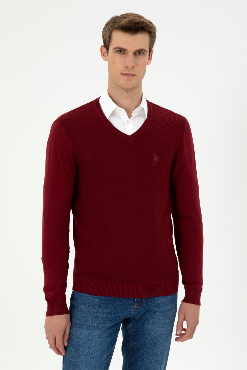 U.S. Polo Assn. Erkek Slim Fit V Yaka Antrasit Melanj Basic Kazak 50288886-VR081 görsel 8
