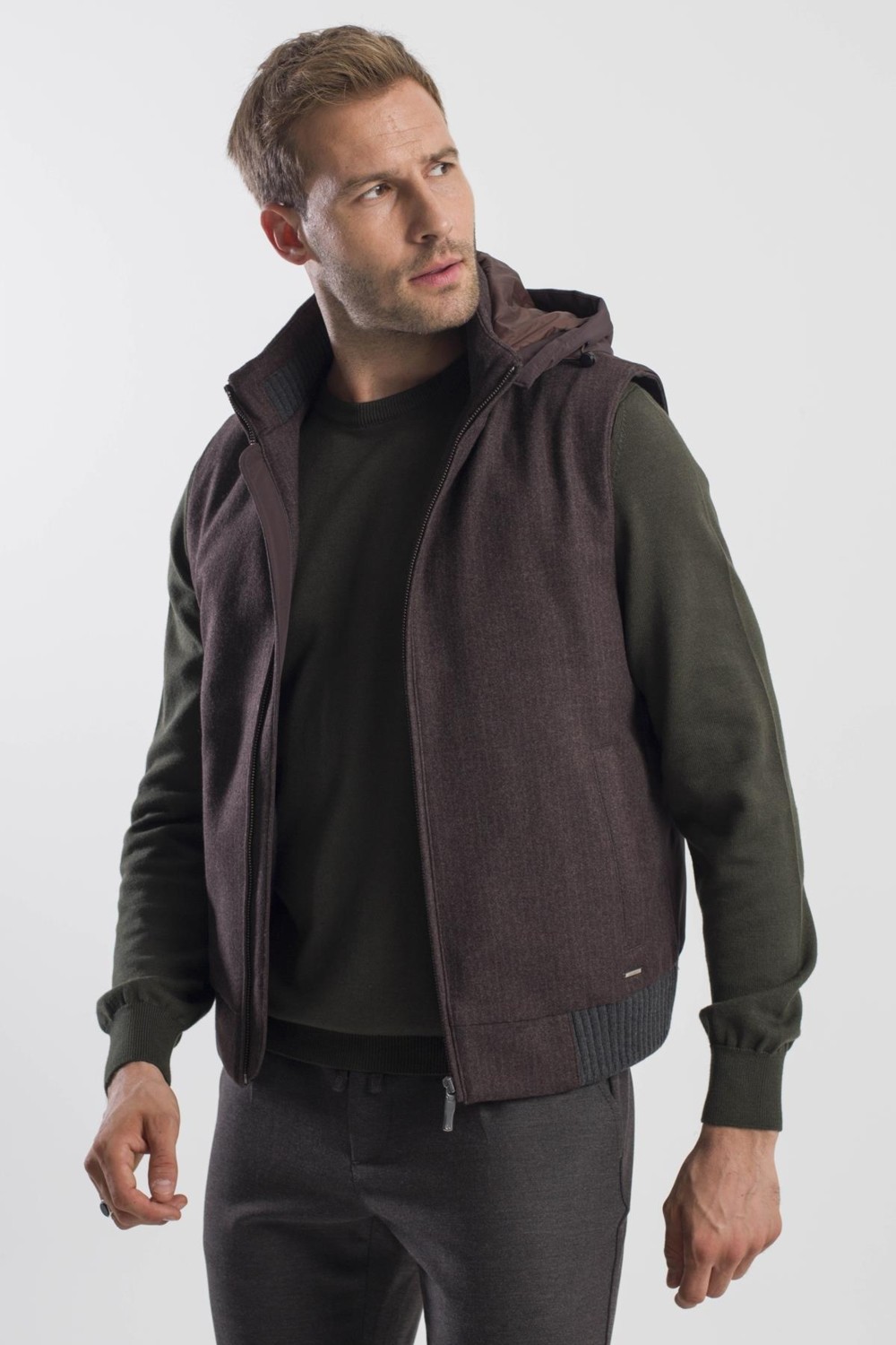 Jakamen Kahve Comfort Fit Desenli Çıkarılabilir Kapüşonlu Yelek görsel 7