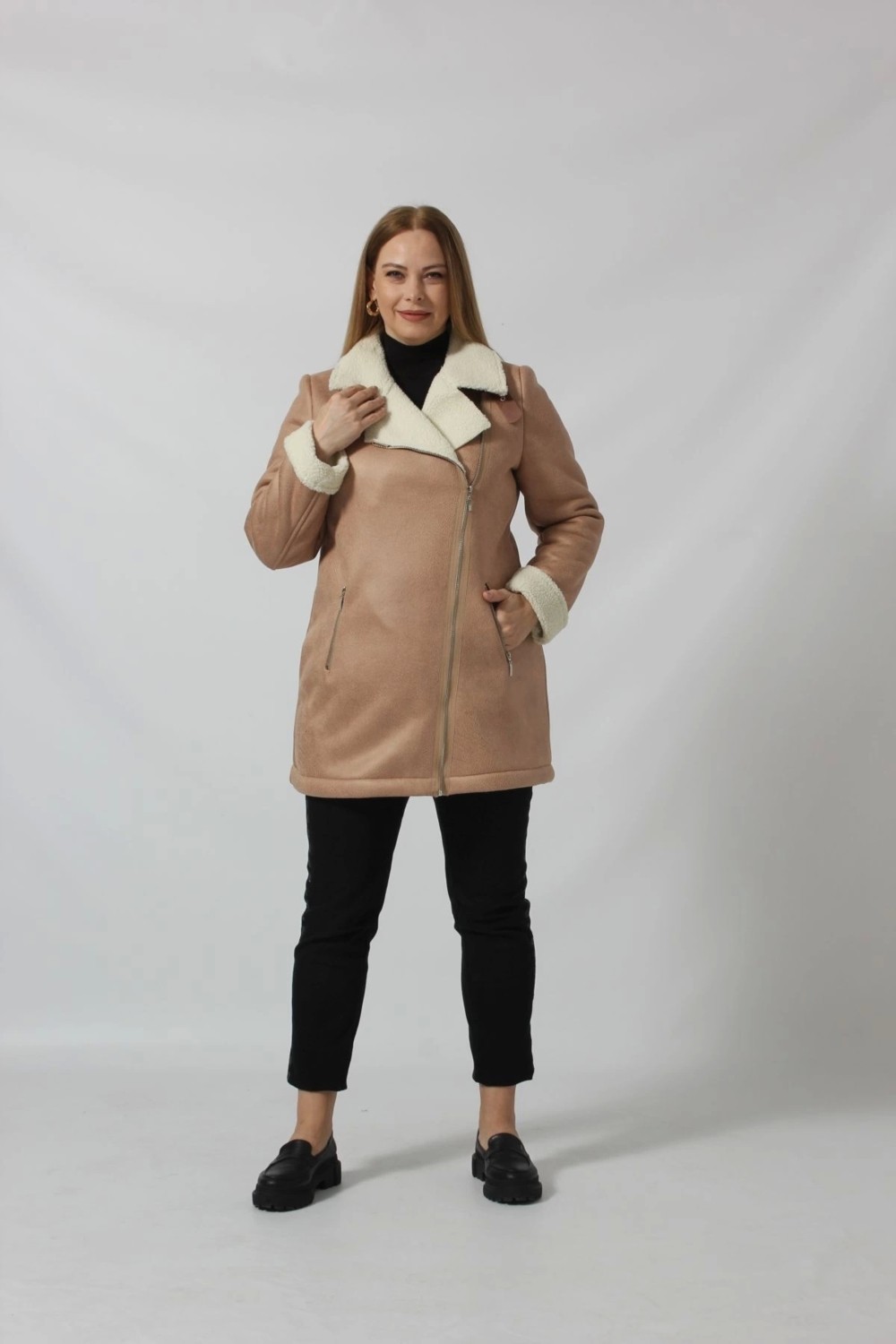 Moda Berray 3262 Uzun Içi Kürklü Boğazı Kemer Detaylı Kaban Vizon görsel 2