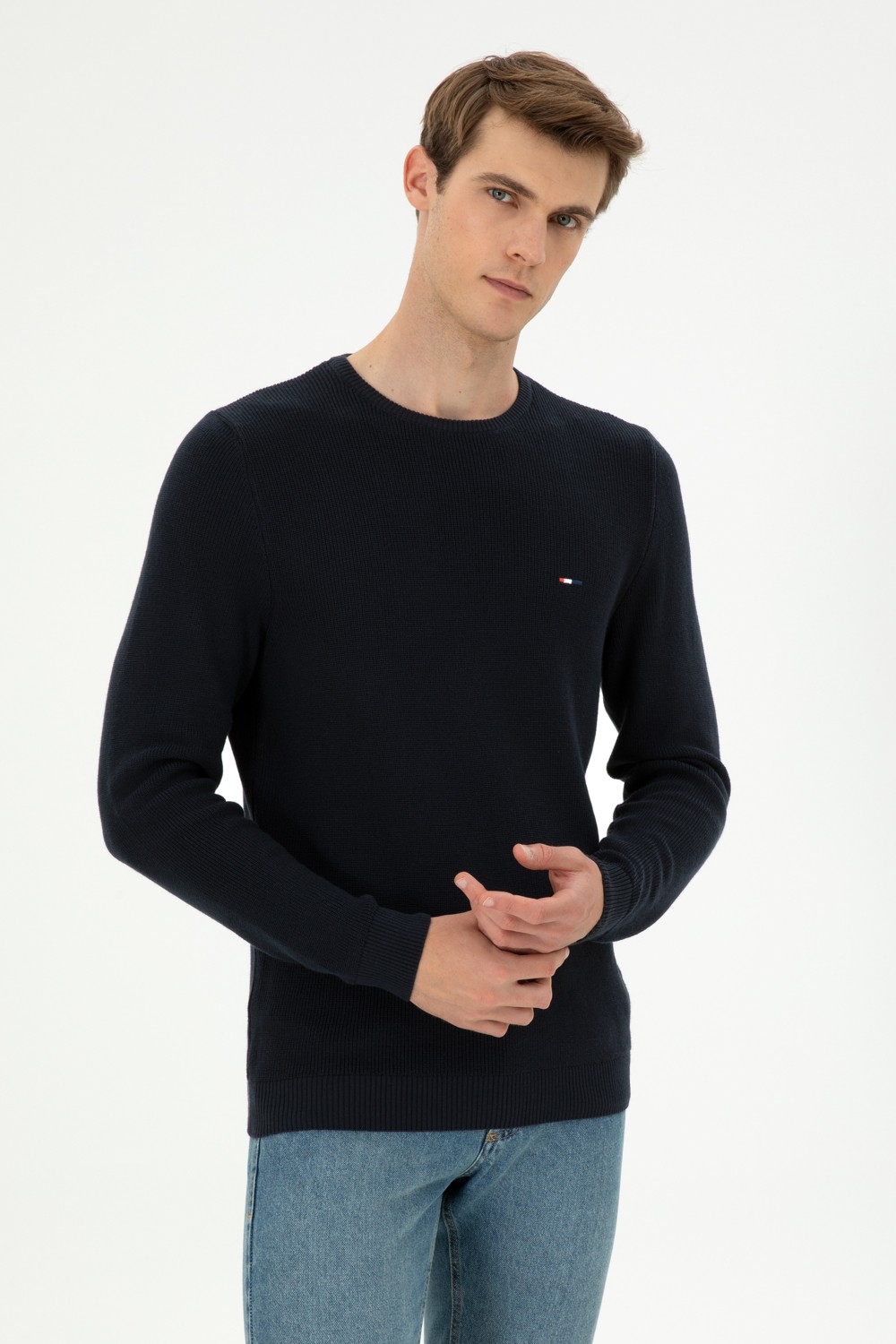 U.S. Polo Assn. Erkek Slim Fit Bisiklet Yaka Siyah Basic Kazak 50298282-VR046