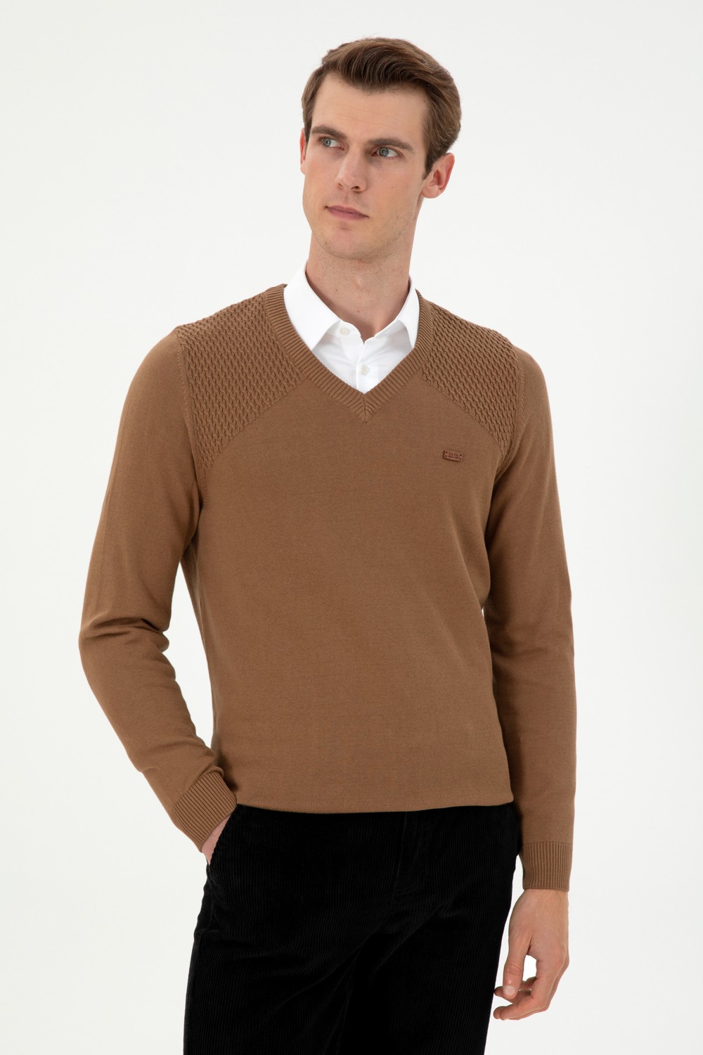 U.S. Polo Assn. Erkek Slim Fit V Yaka Antrasit Melanj Kazak 50297063-VR081 görsel 3