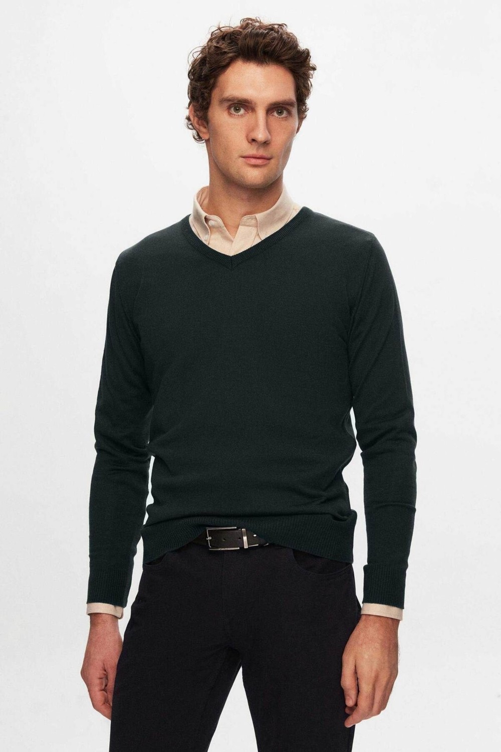 D'S Damat Regular Fit Haki Düz V Yaka Triko Kazak 5HF06ORT12003