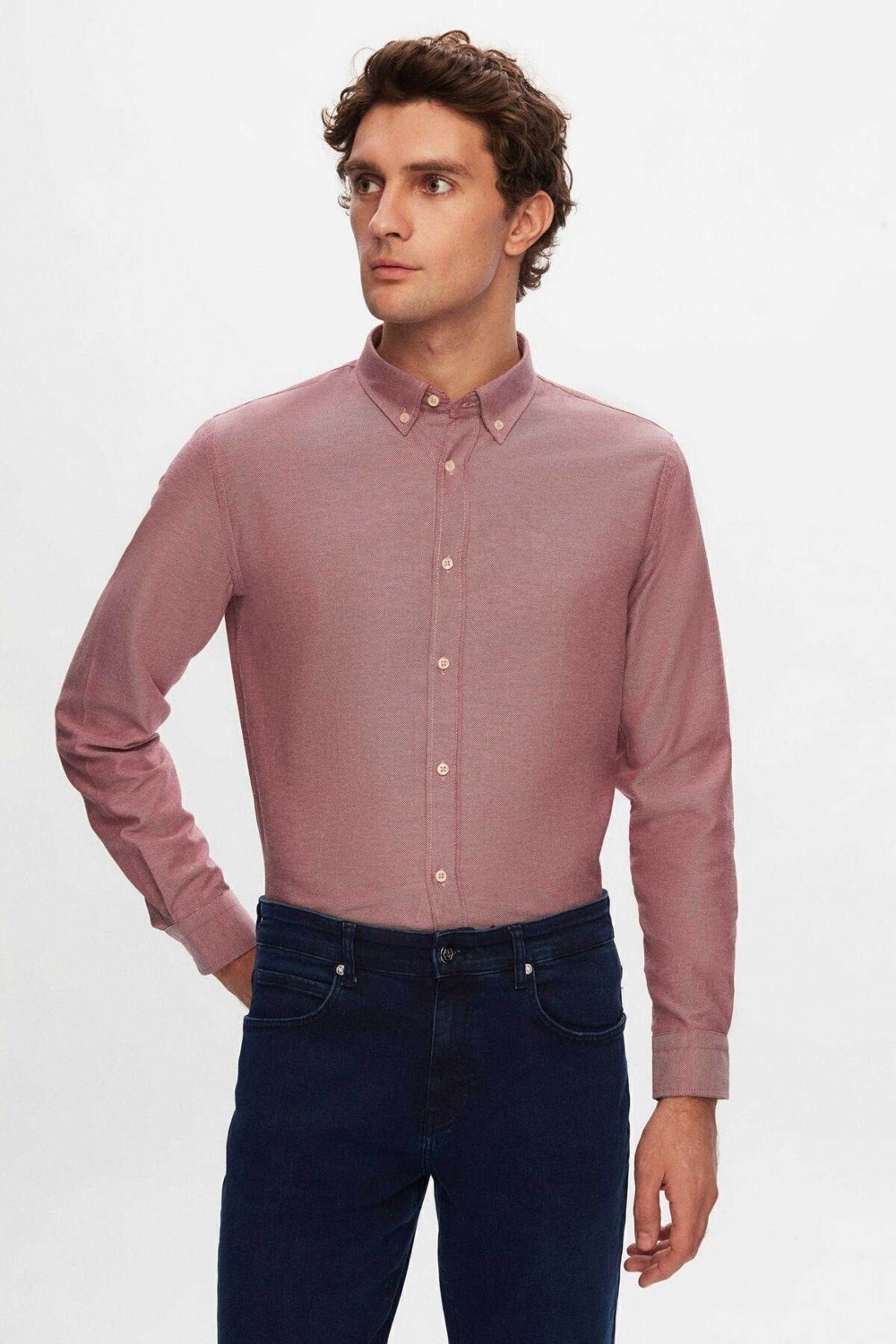 D'S Damat Slim Fit Beyaz Armürlü Düğmeli Yaka Pamuklu Gömlek 5HC02ORT07265