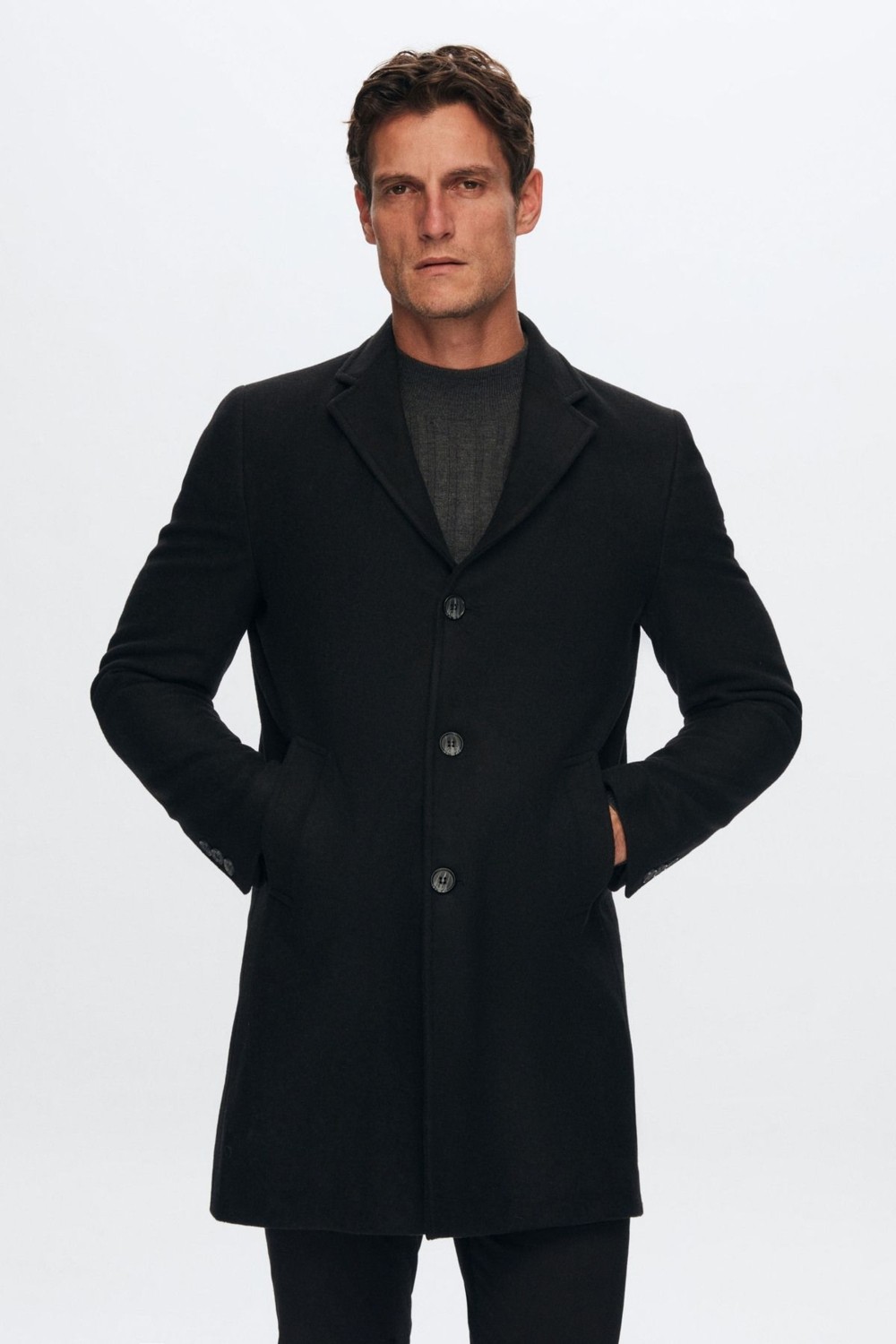 D'S Damat Erkek Siyah Kaşe Kaban, %30 Yün %70 Akrilik, Regular Fit, Mono Yaka, Düz Desen, Kışlık Şık Model 5HF08ORT10000