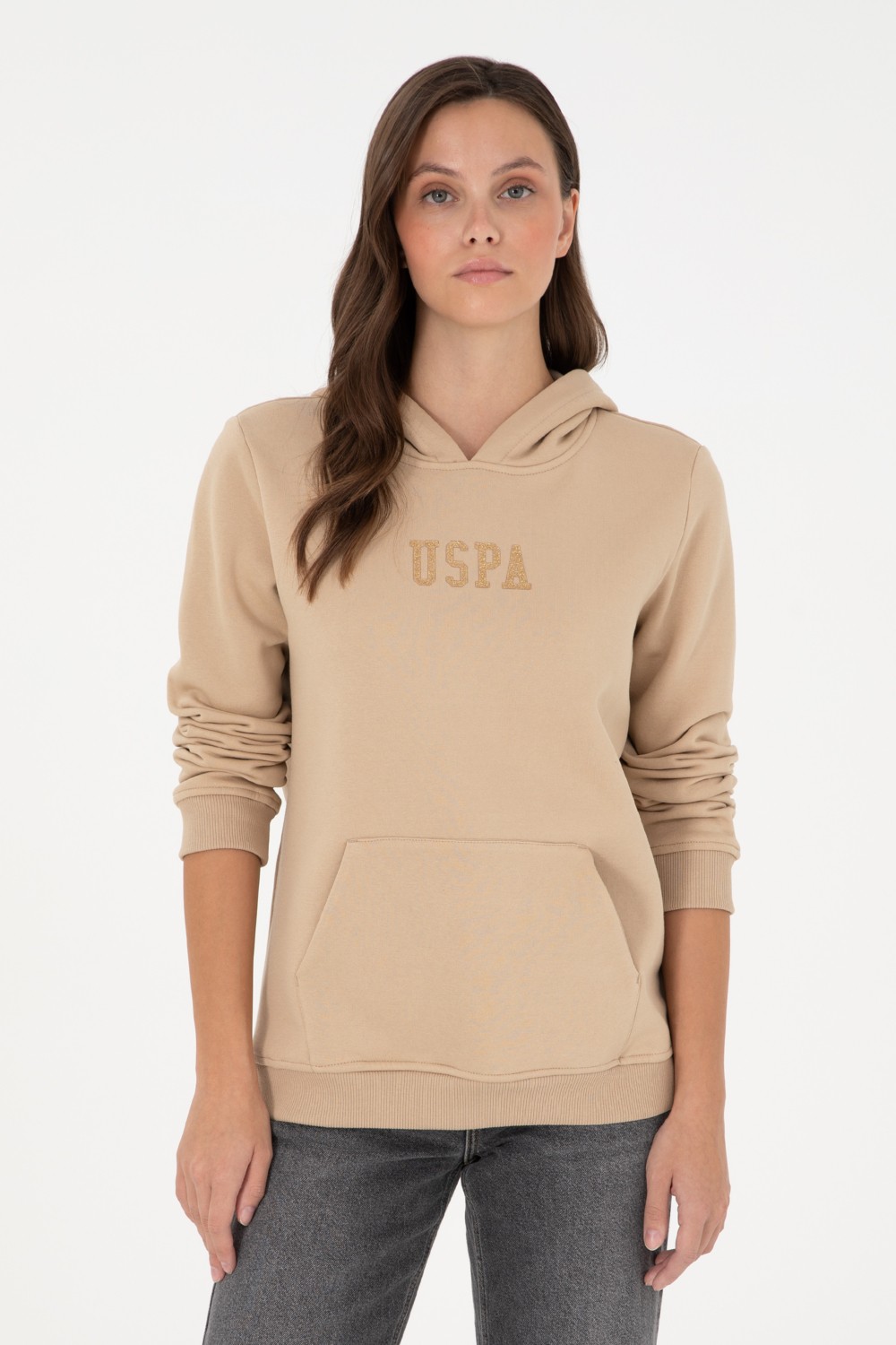 U.S. Polo Assn. Kadın Kum Basic Kapüşonlu Sweatshirt 50289536-VR085