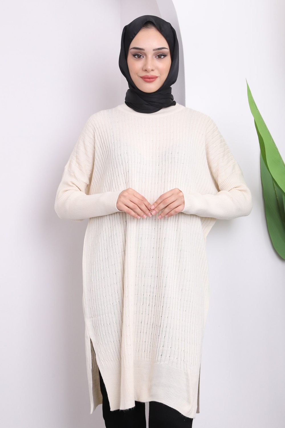 İmaj Butik Krem Bisiklet Yaka Merserize Salaş Triko Tunik