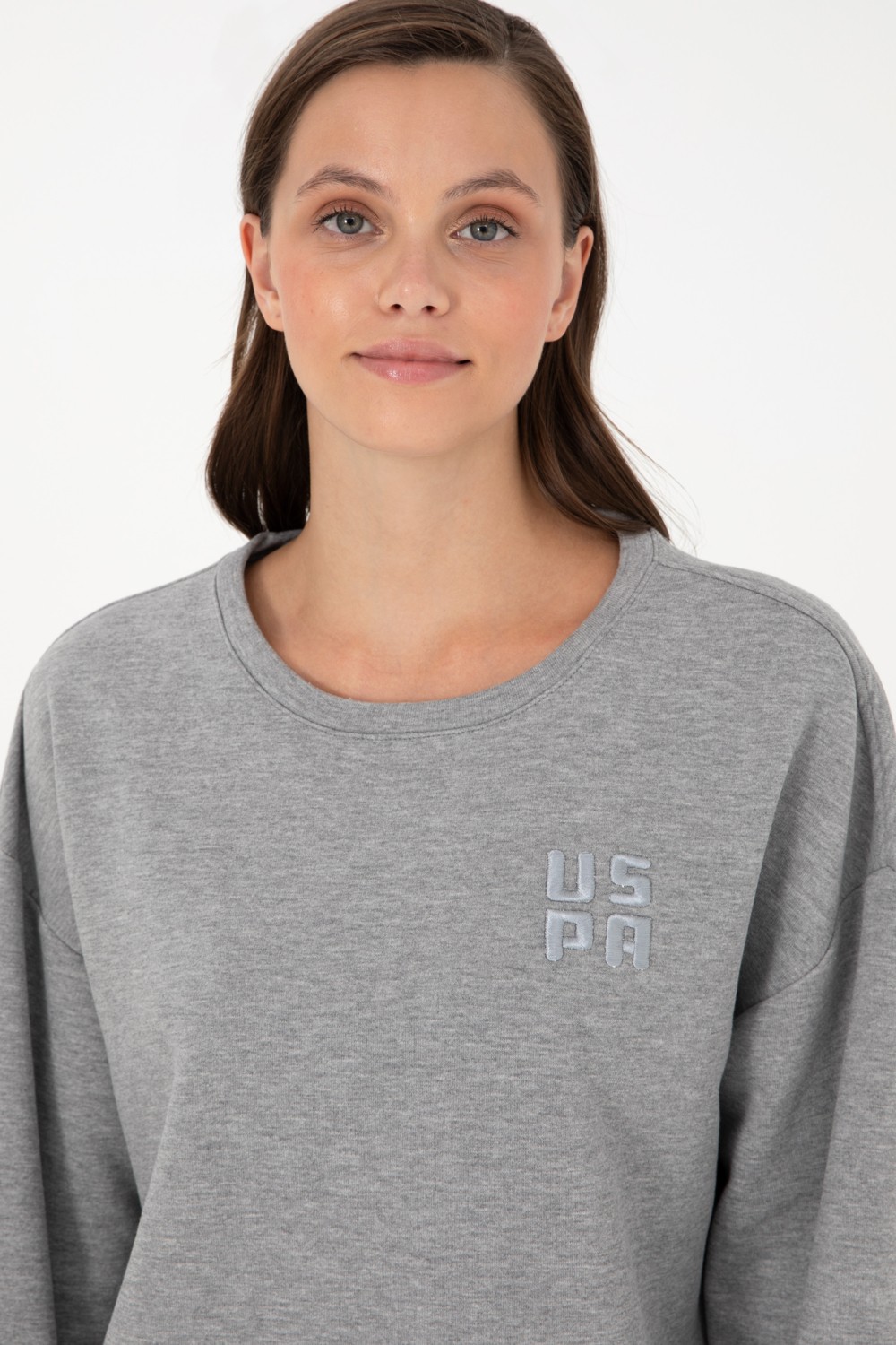 U.S. Polo Assn. Kadın Gri Melanj Basic Bisiklet Yaka Sweatshirt 50296919-VR086 görsel 2