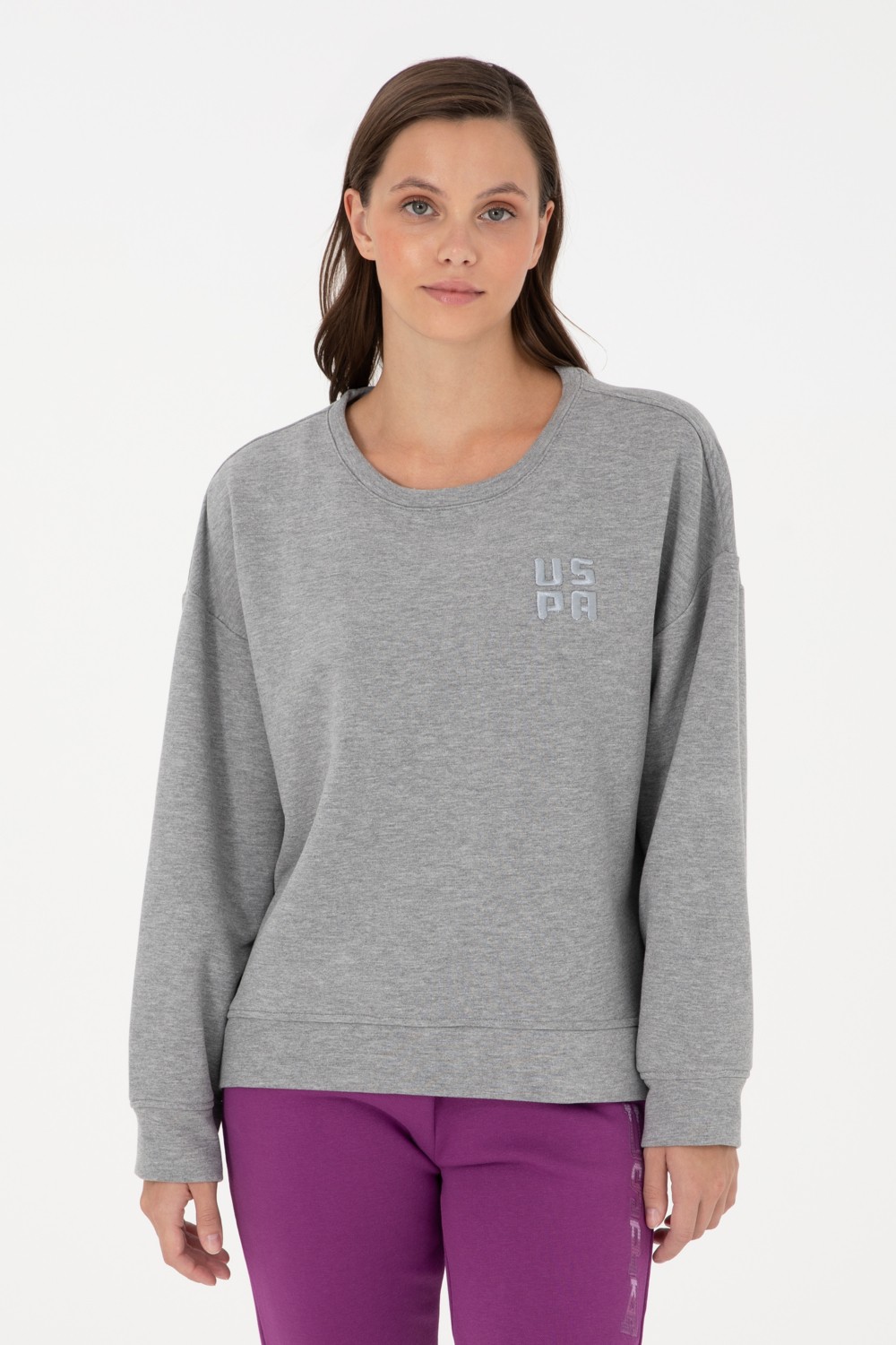 U.S. Polo Assn. Kadın Gri Melanj Basic Bisiklet Yaka Sweatshirt 50296919-VR086 görsel 3