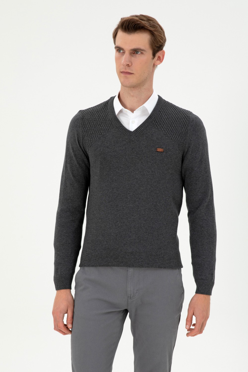 U.S. Polo Assn. Erkek Slim Fit V Yaka Antrasit Melanj Kazak 50297063-VR081