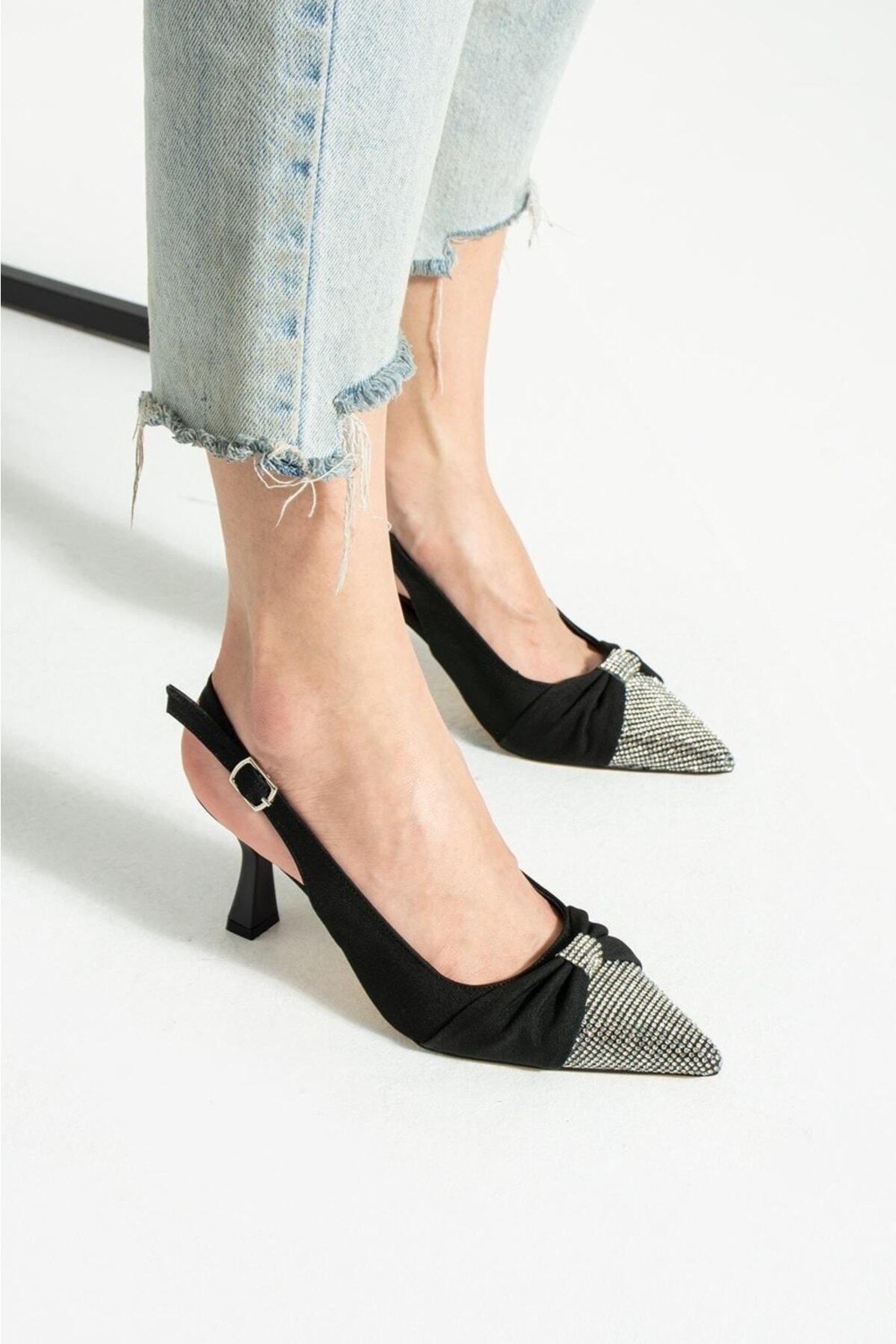 Duxal Shoes Turuncu Saten Önü Taşlı Kadın Topuklu Ayakkabı görsel 7