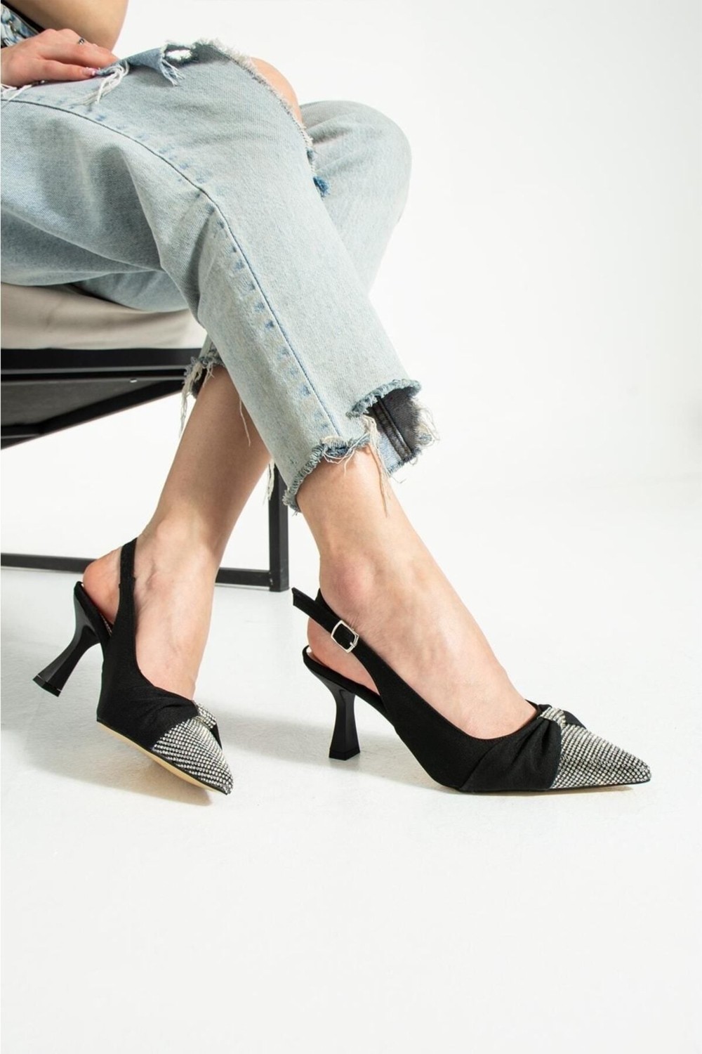 Duxal Shoes Turuncu Saten Önü Taşlı Kadın Topuklu Ayakkabı görsel 8