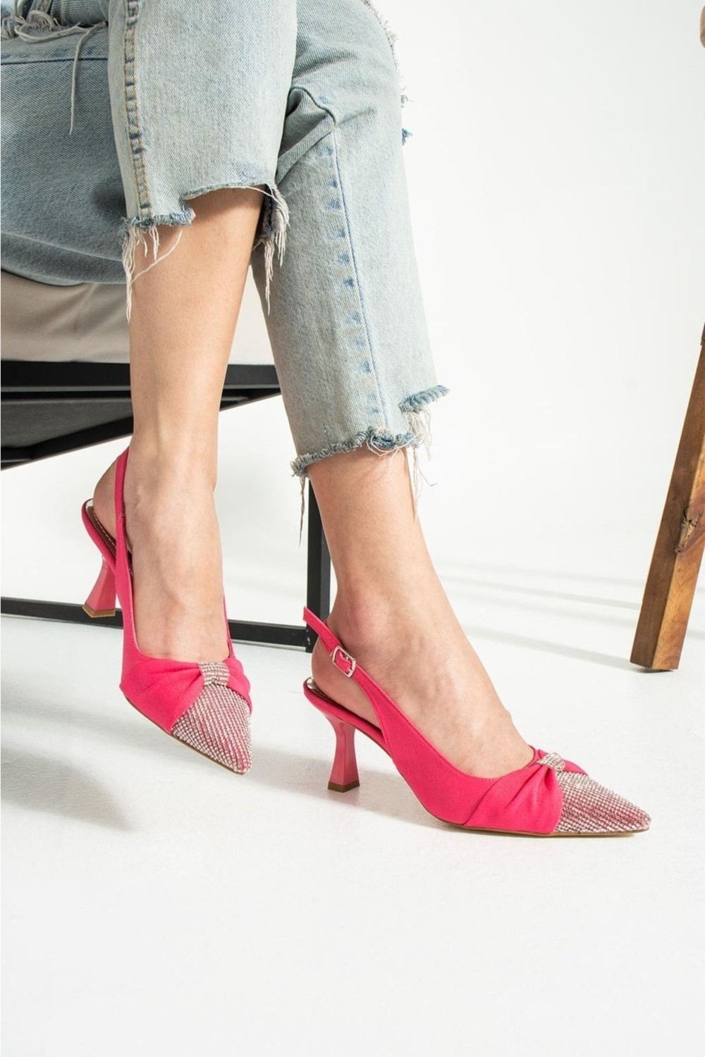 Duxal Shoes Turuncu Saten Önü Taşlı Kadın Topuklu Ayakkabı
