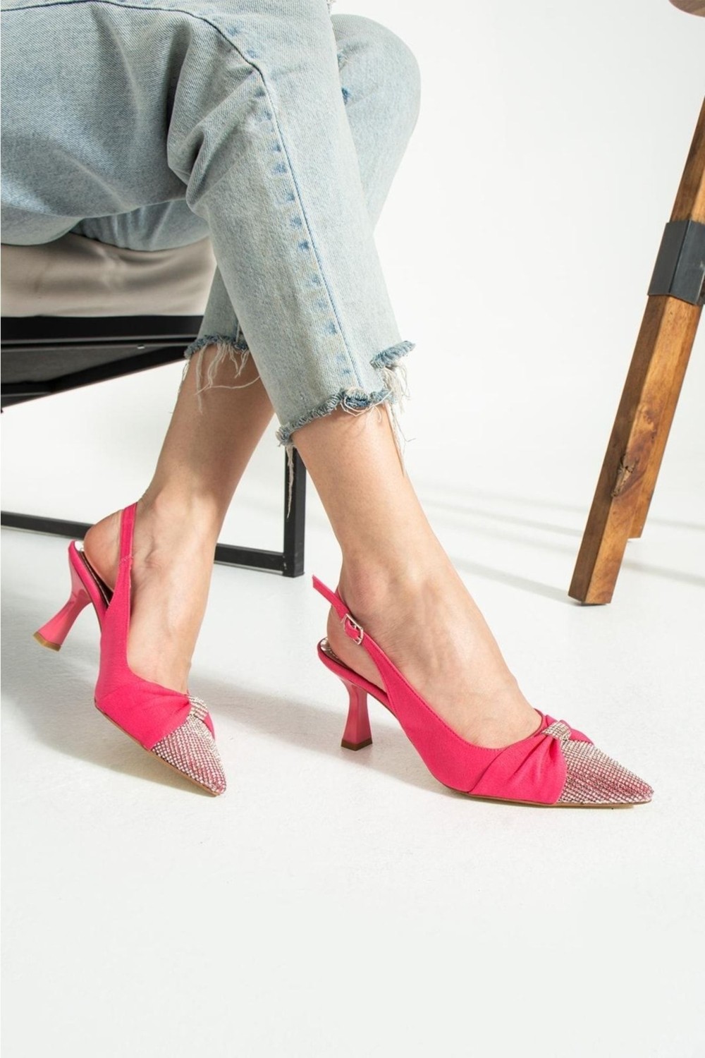 Duxal Shoes Turuncu Saten Önü Taşlı Kadın Topuklu Ayakkabı görsel 3