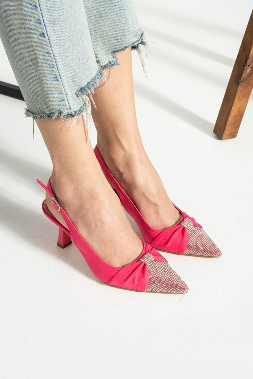 Duxal Shoes Turuncu Saten Önü Taşlı Kadın Topuklu Ayakkabı görsel 4