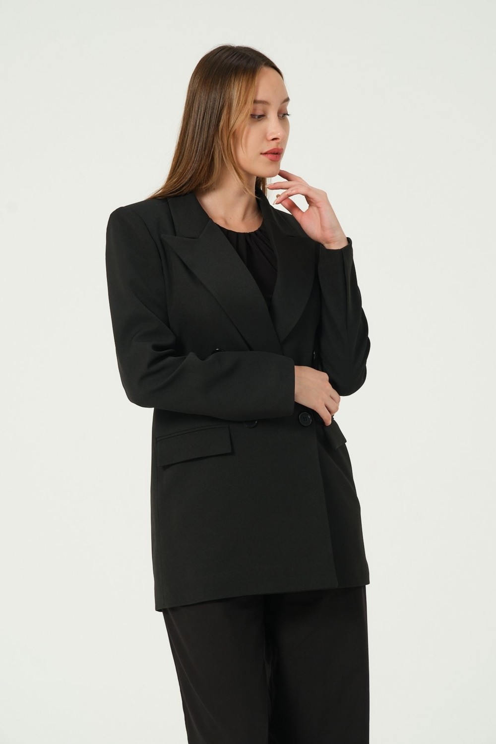 Bolivente Ekru Regular Astarlı Kruvaze Kapama Dokuma Oversize Blazer Ceket görsel 3