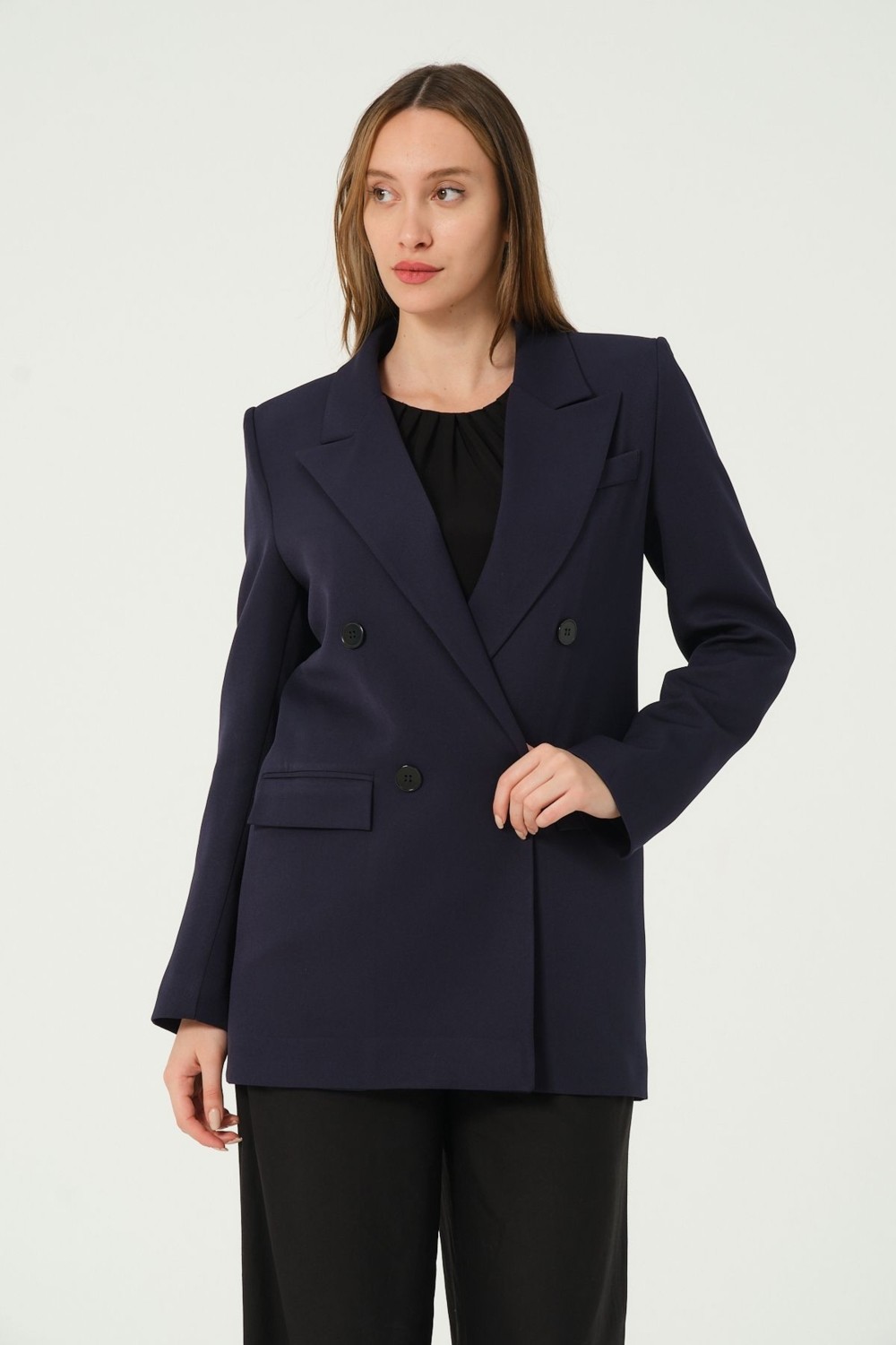 Bolivente Ekru Regular Astarlı Kruvaze Kapama Dokuma Oversize Blazer Ceket