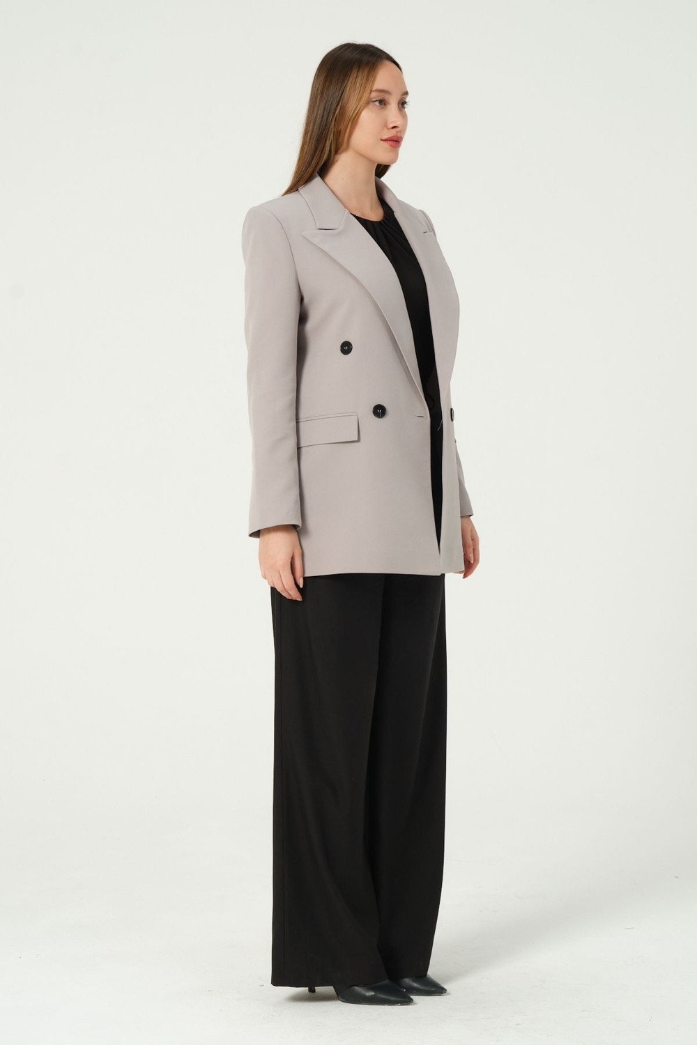 Bolivente Ekru Regular Astarlı Kruvaze Kapama Dokuma Oversize Blazer Ceket