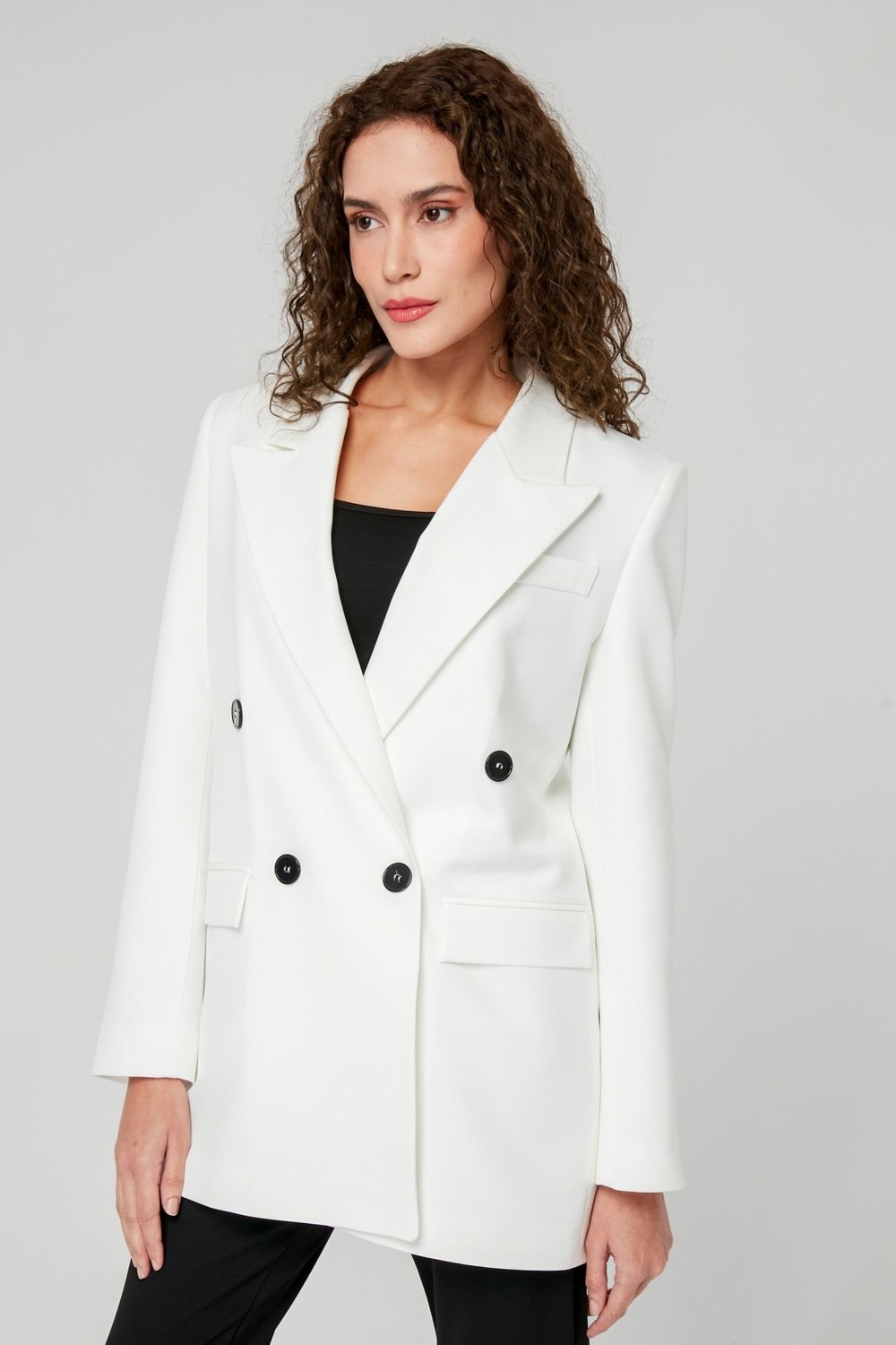 Bolivente Ekru Regular Astarlı Kruvaze Kapama Dokuma Oversize Blazer Ceket