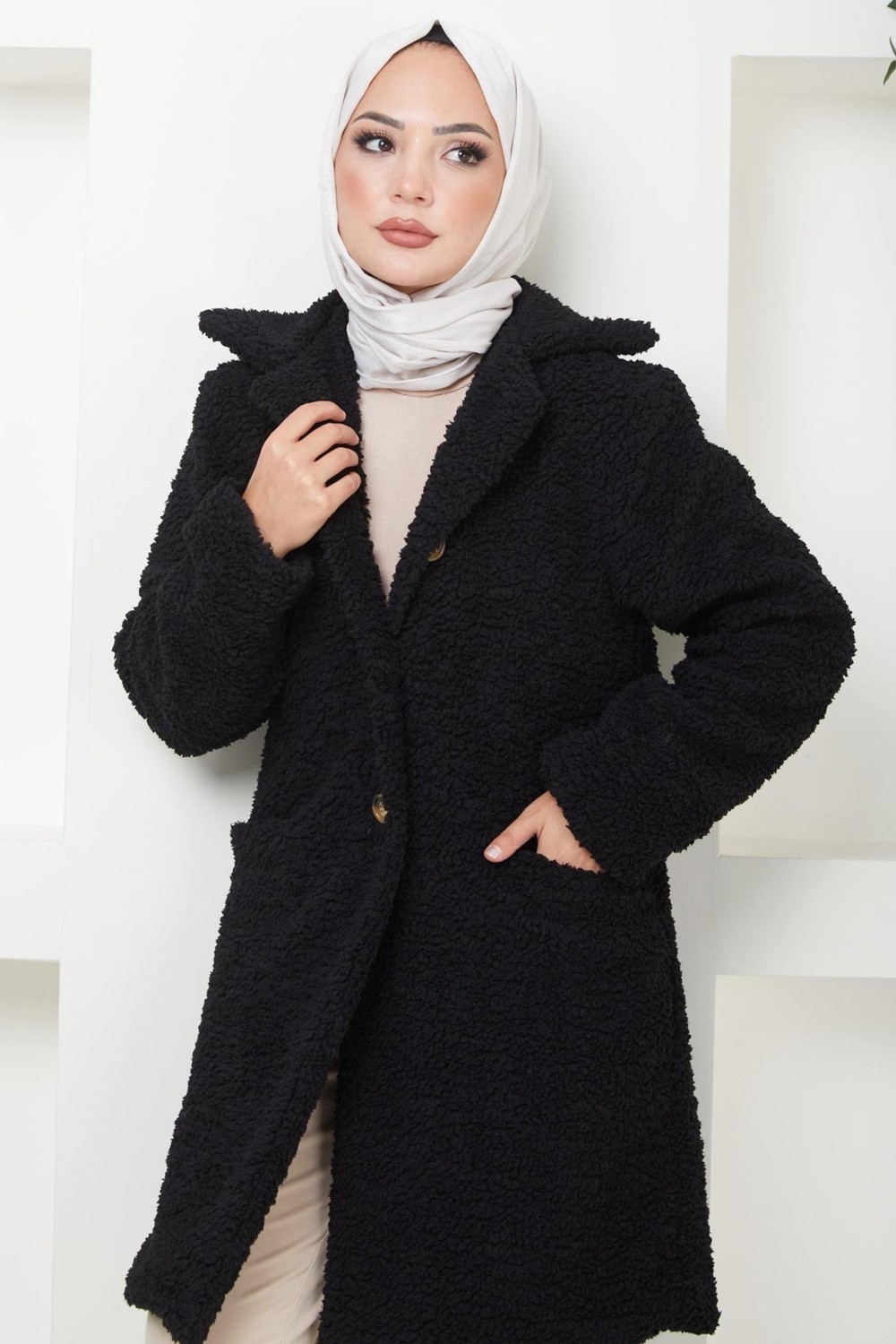 Hafsa Mina Kruvaze Yaka Peluş Mont Siyah HM2507 görsel 5