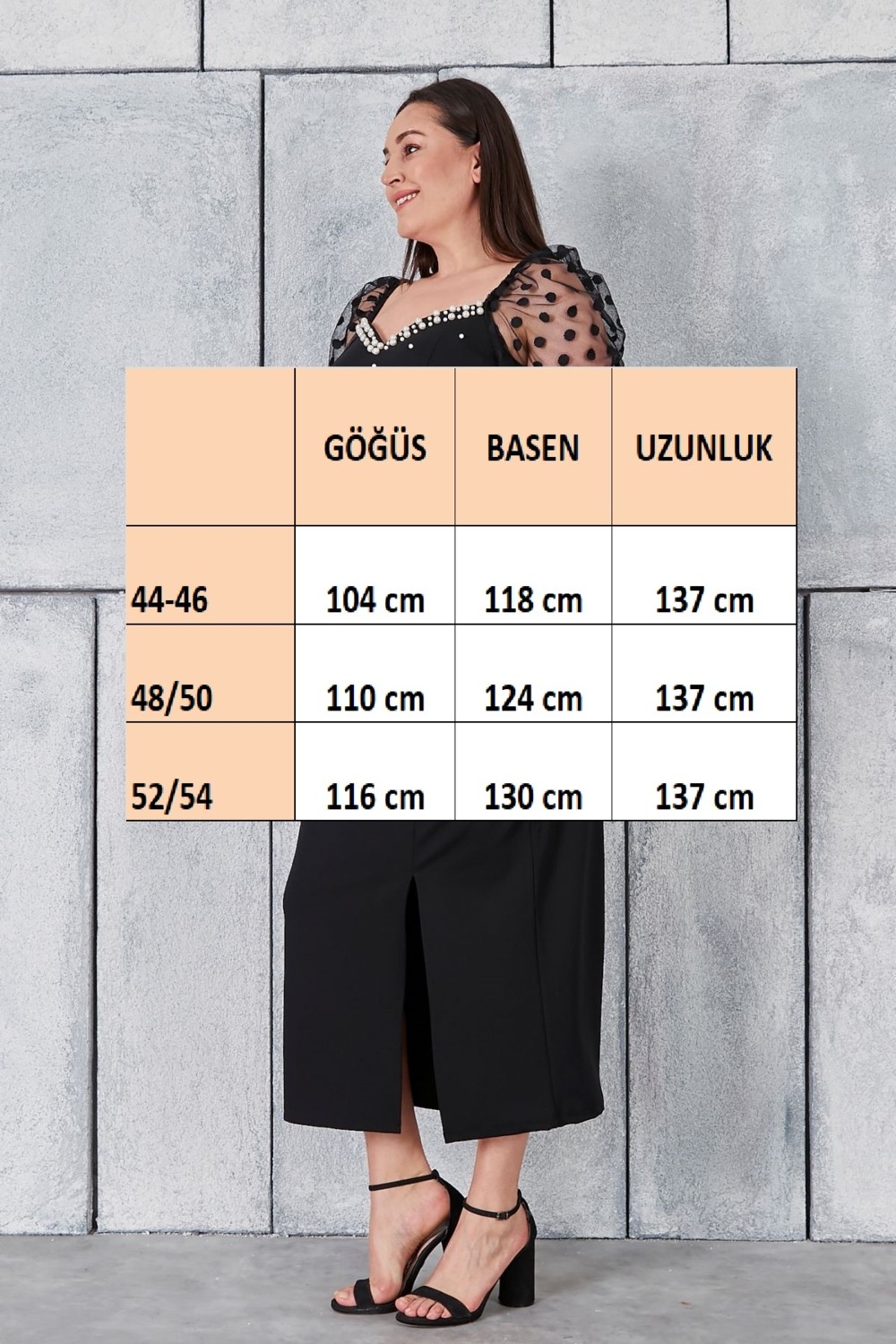 For Esra Big Trend Kadın Kalp Yaka Serpme Inci Detay Kol Desenli Tül Ön Yırtmaç Esnek Büyük Beden Abiye Elbise görsel 2