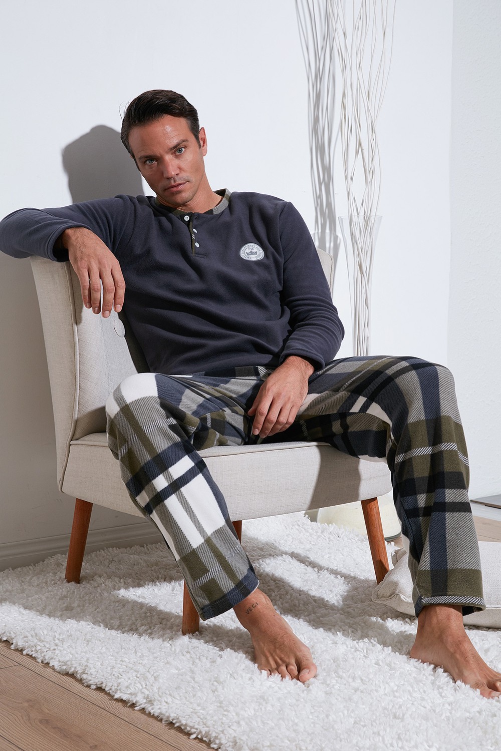 Buratti Ekoseli Regular Fit Düğmeli Bisiklet Yaka Kışlık Polar Pijama Takımı Erkek Pijama Takımı 60961008