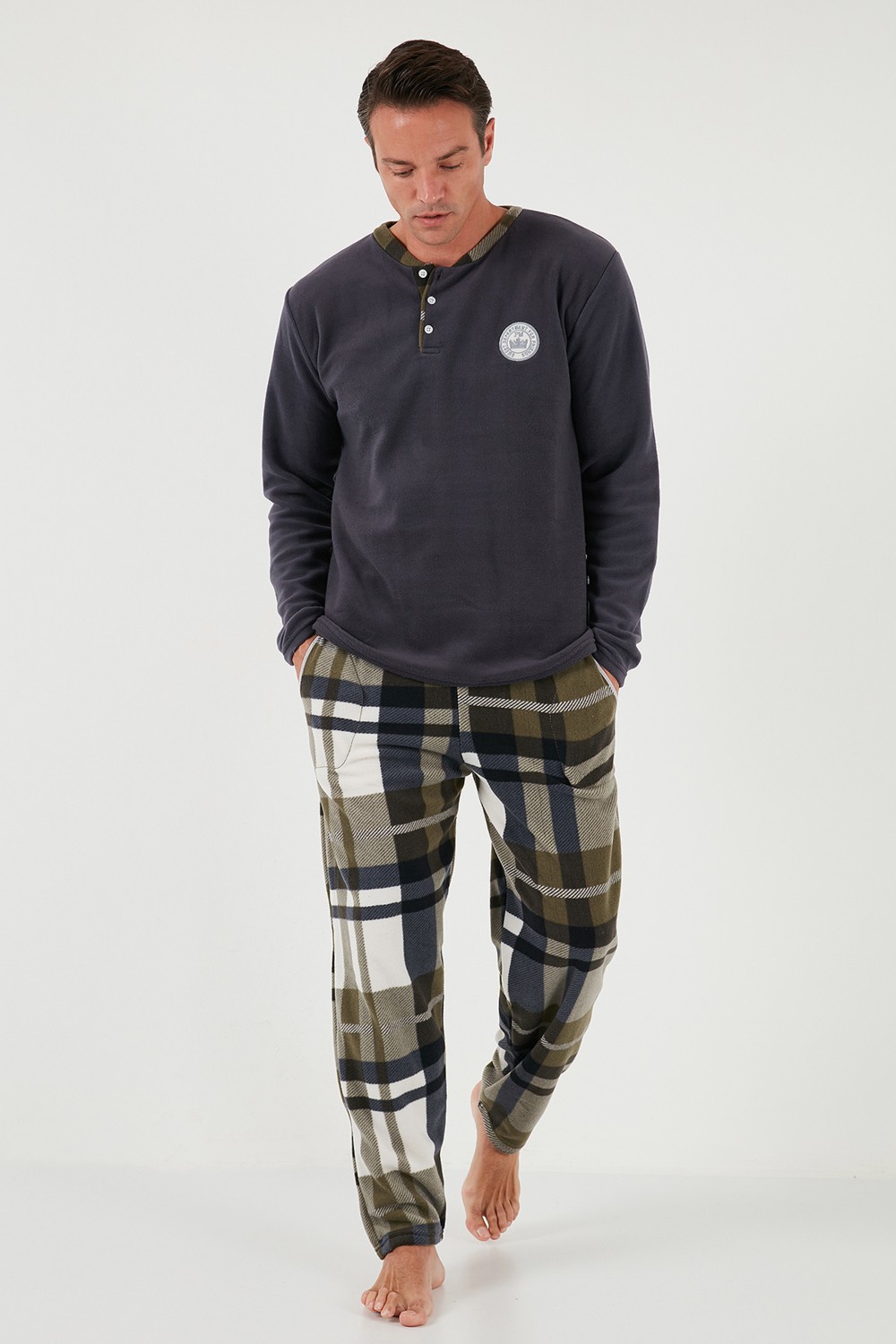 Buratti Ekoseli Regular Fit Düğmeli Bisiklet Yaka Kışlık Polar Pijama Takımı Erkek Pijama Takımı 60961008 görsel 2