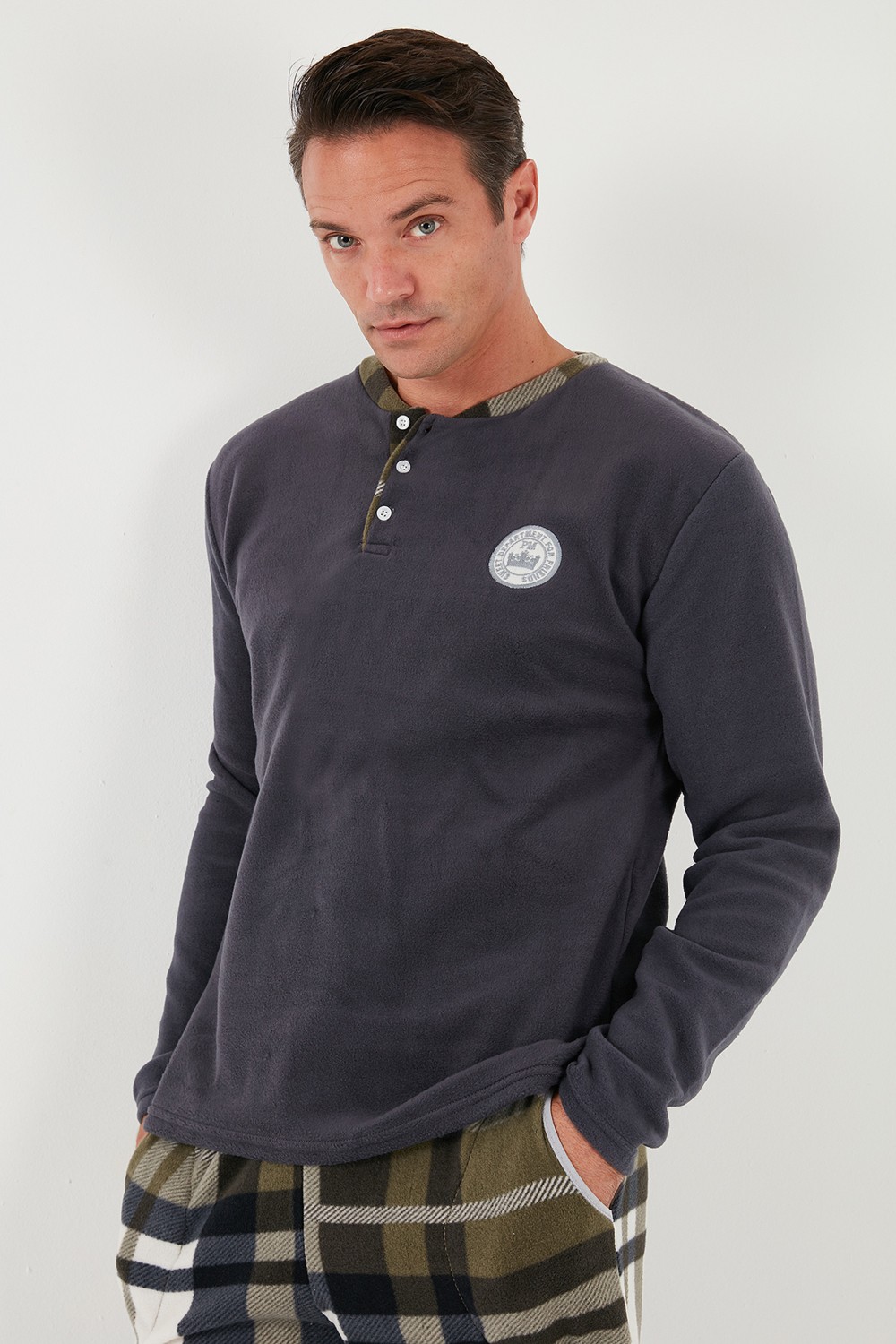 Buratti Ekoseli Regular Fit Düğmeli Bisiklet Yaka Kışlık Polar Pijama Takımı Erkek Pijama Takımı 60961008 görsel 3