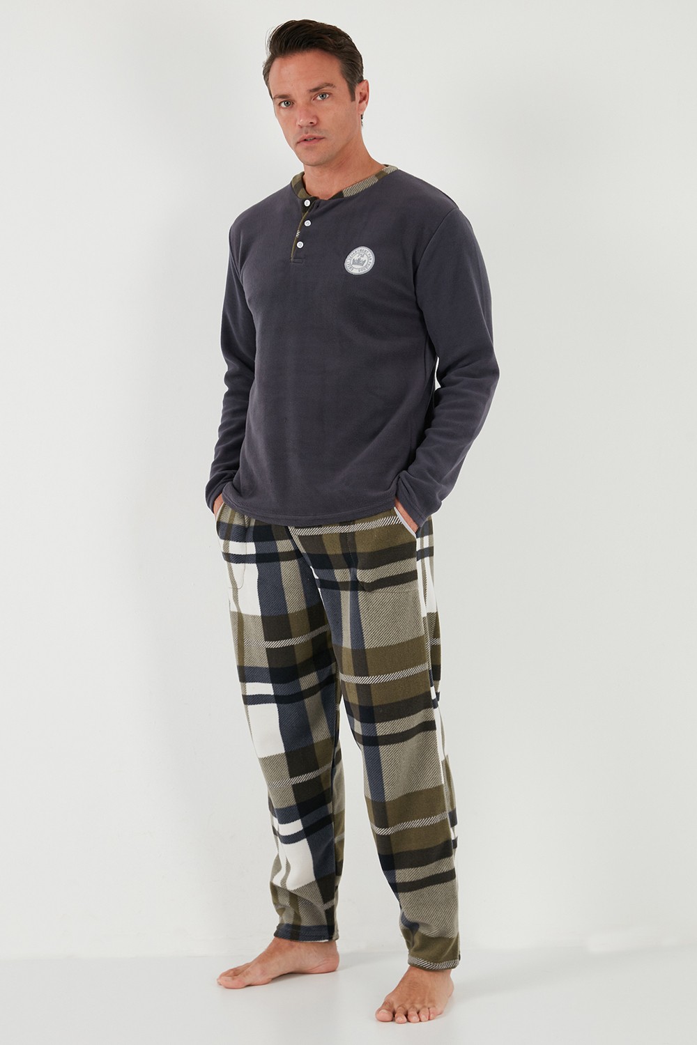 Buratti Ekoseli Regular Fit Düğmeli Bisiklet Yaka Kışlık Polar Pijama Takımı Erkek Pijama Takımı 60961008 görsel 4