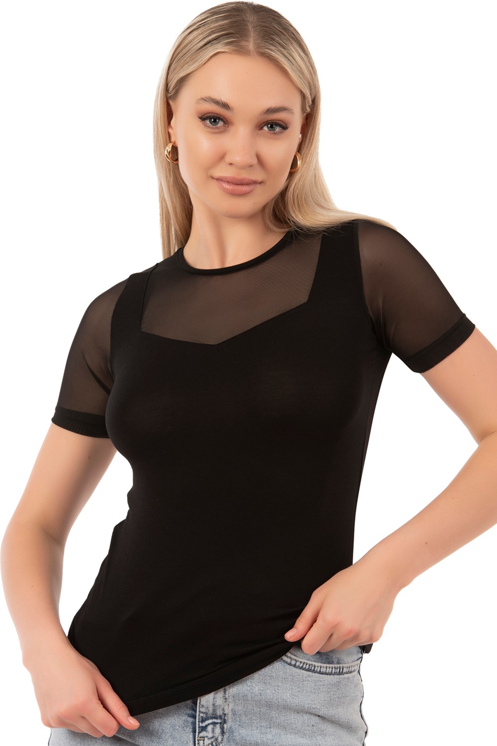 Özkan Underwear Özkan 26981 Kadın Premium Yumuşak Rahat Kumaş Ring Viskon Bisiklet Yaka Tül Detaylı Kısa Kollu Örme Bluz