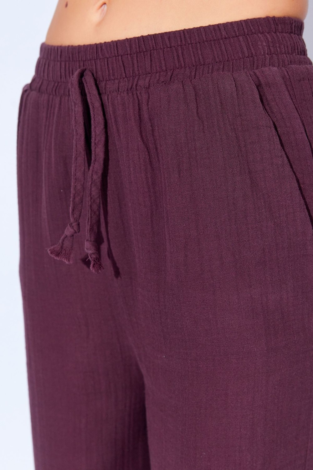 Edition Haki Müslin Yıkamalı Pamuk Palozzo Kesim Rahat Beli Lastikli Kadın Pantalon | EK1000669884 görsel 4
