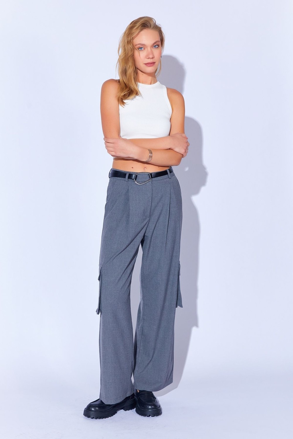 Edition Siyah Poly Viskon Likralı Soft Dokulu Palazzo Kesim Kumaş Kargo Cepli Kadın Pantolon EK100669234