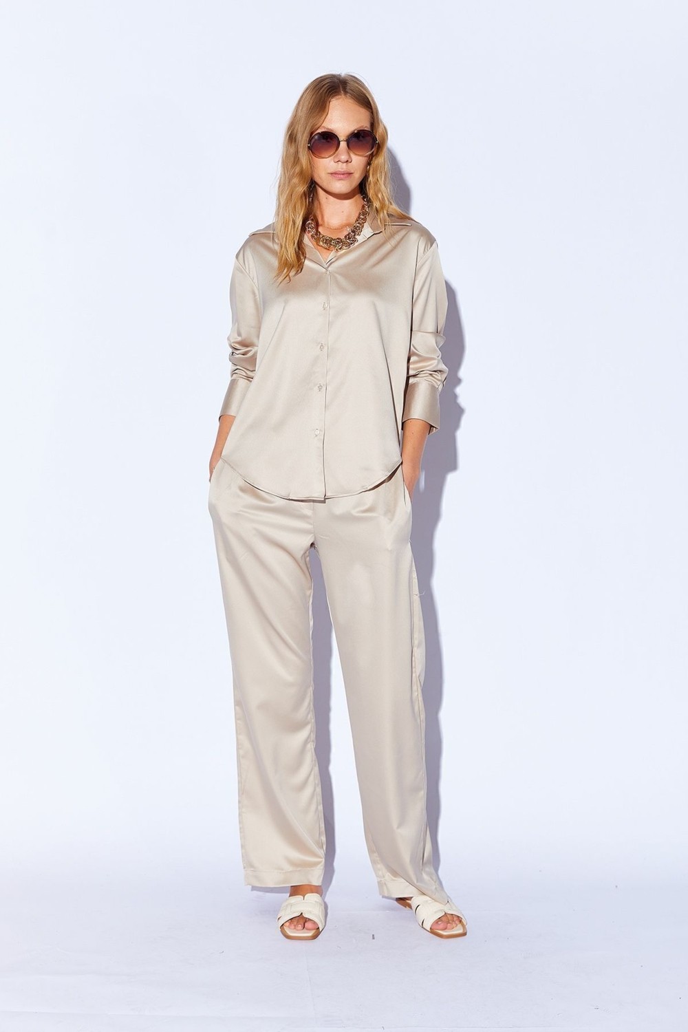 Edition Bej Saten Palozzo Kesim Beli Lastikli Kadın Pantalon EE10009594 görsel 6